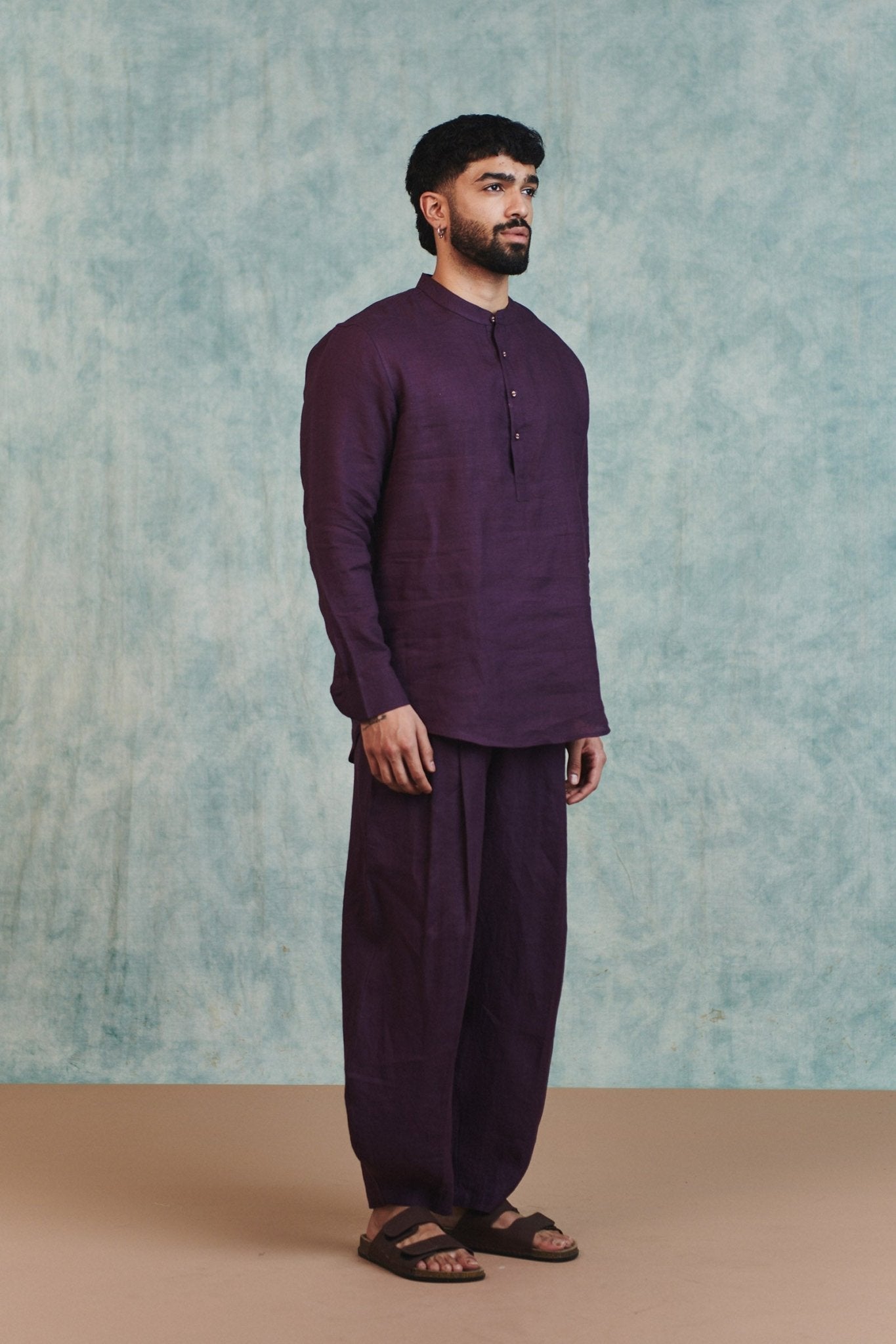 Plum Linen Men's Shirt Kurta & Barrel Pants Set - CiceroniKurta SetSaphed