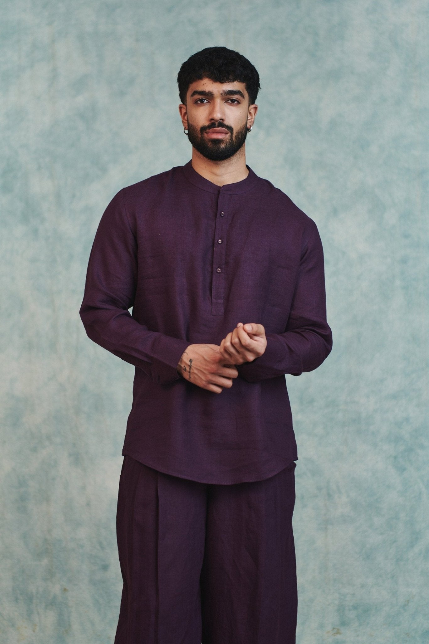 Plum Linen Men's Shirt Kurta & Barrel Pants Set - CiceroniKurta SetSaphed
