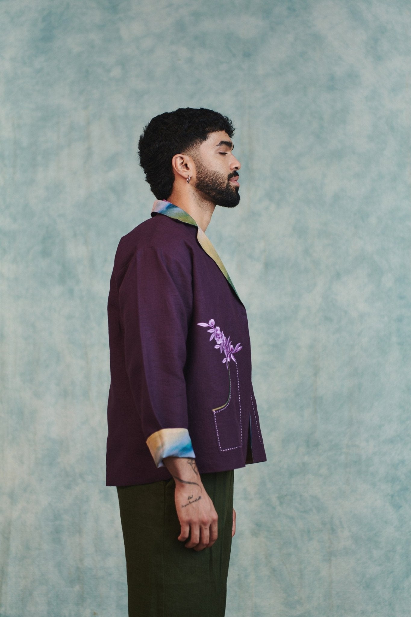 Plum Linen Unisex Embroidered Open Jacket - CiceroniJacketsSaphed