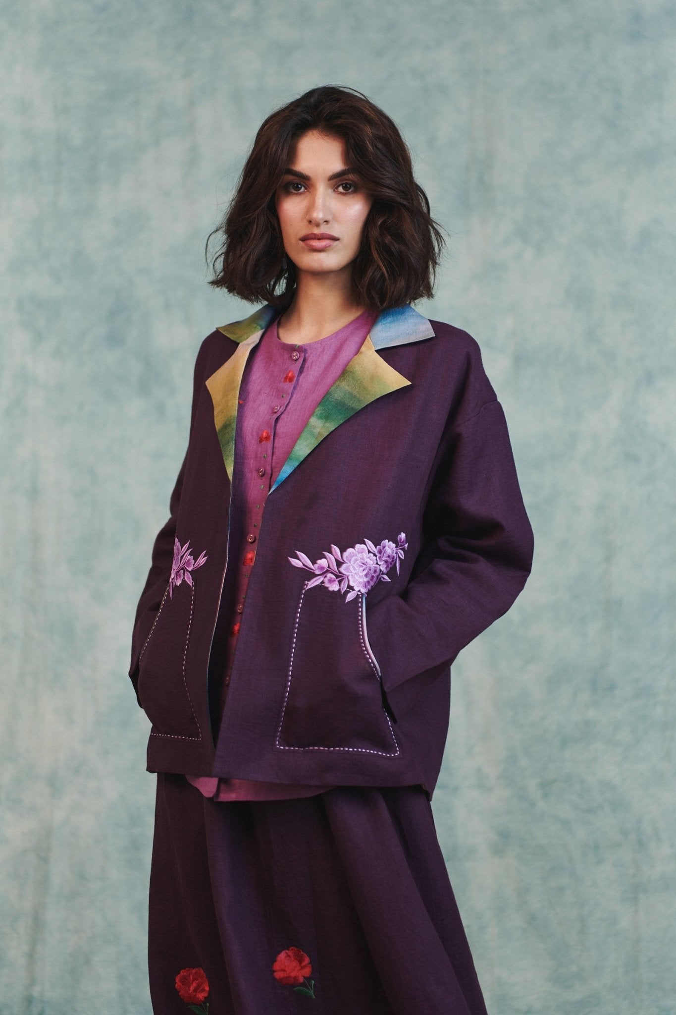 Plum Linen Unisex Embroidered Open Jacket - CiceroniJacketsSaphed