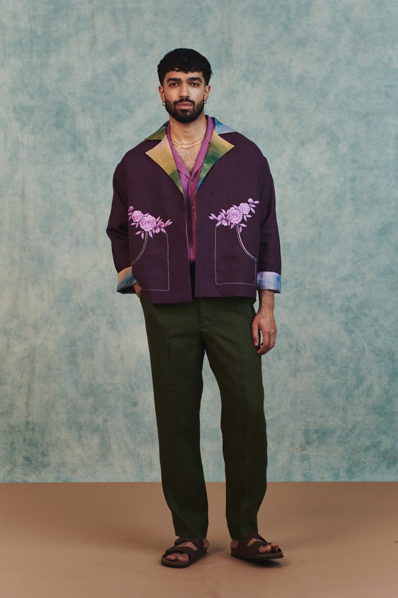 Plum Linen Unisex Embroidered Open Jacket - CiceroniJacketsSaphed