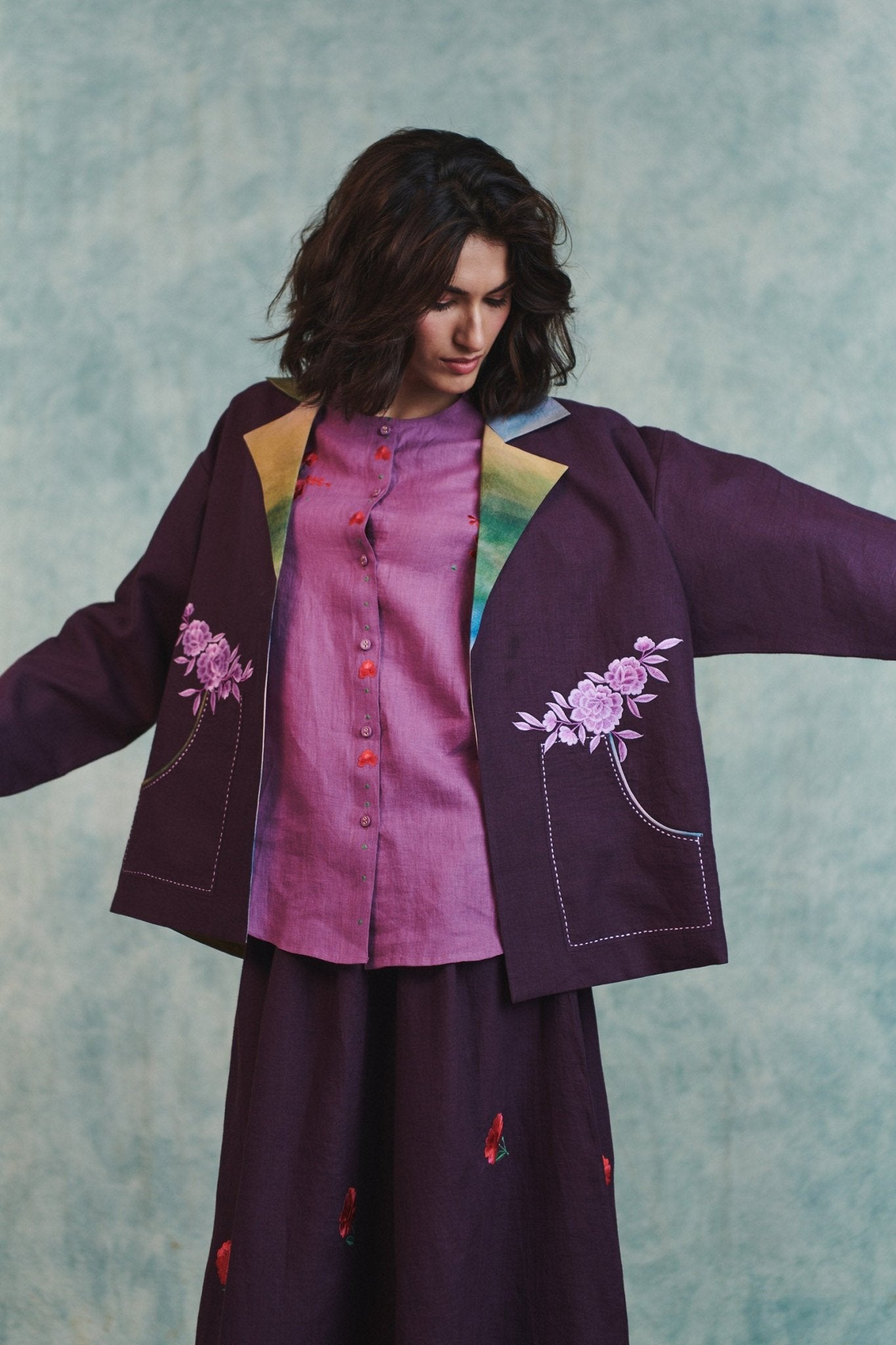 Plum Linen Unisex Embroidered Open Jacket - CiceroniJacketsSaphed