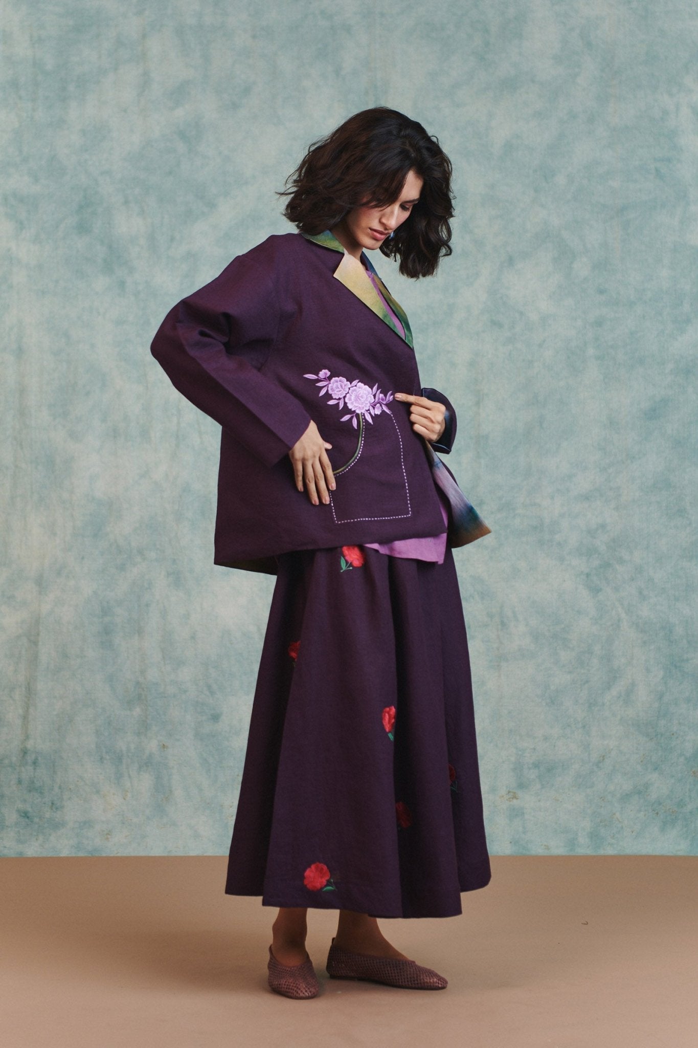 Plum Linen Unisex Embroidered Open Jacket - CiceroniJacketsSaphed