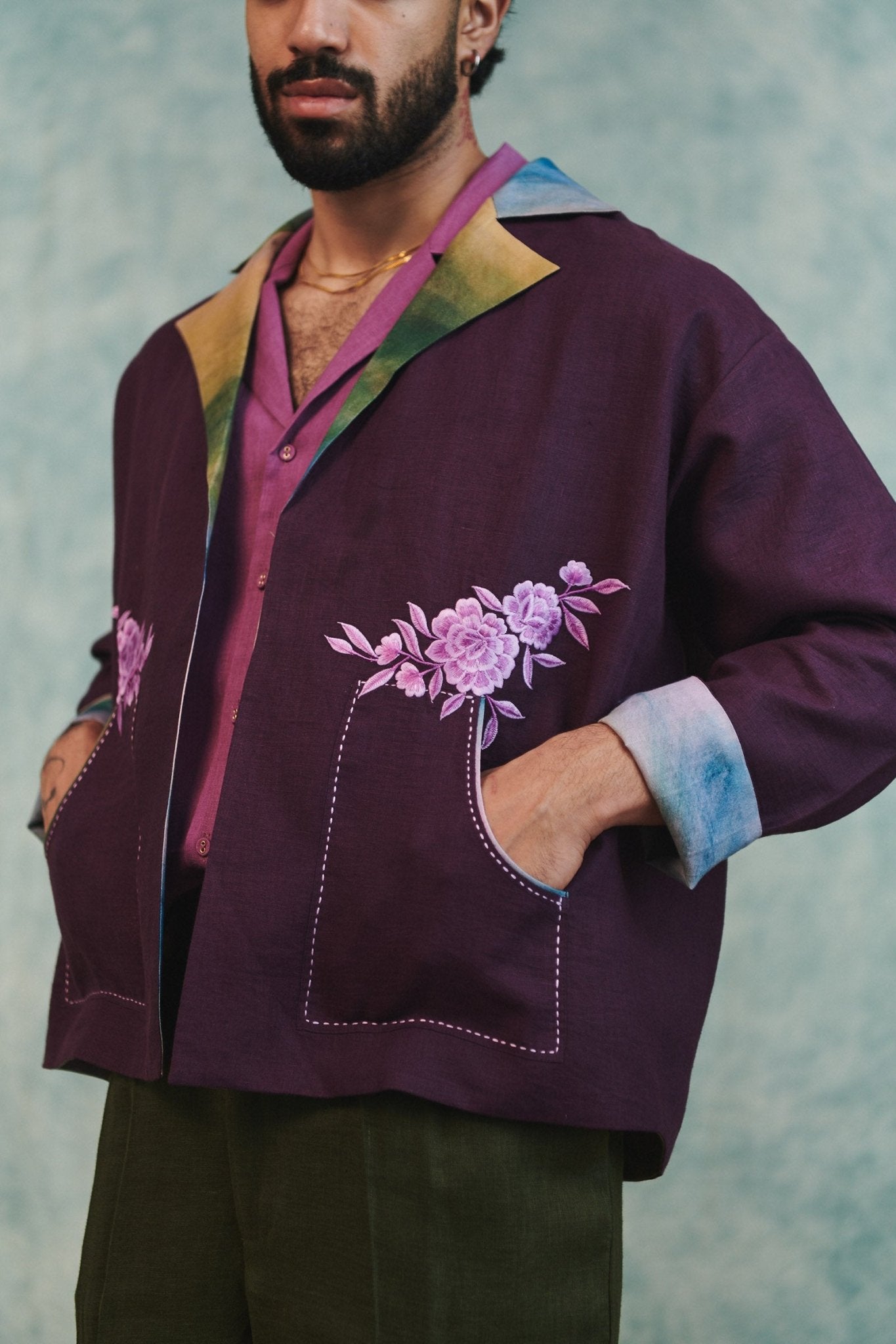 Plum Linen Unisex Embroidered Open Jacket - CiceroniJacketsSaphed