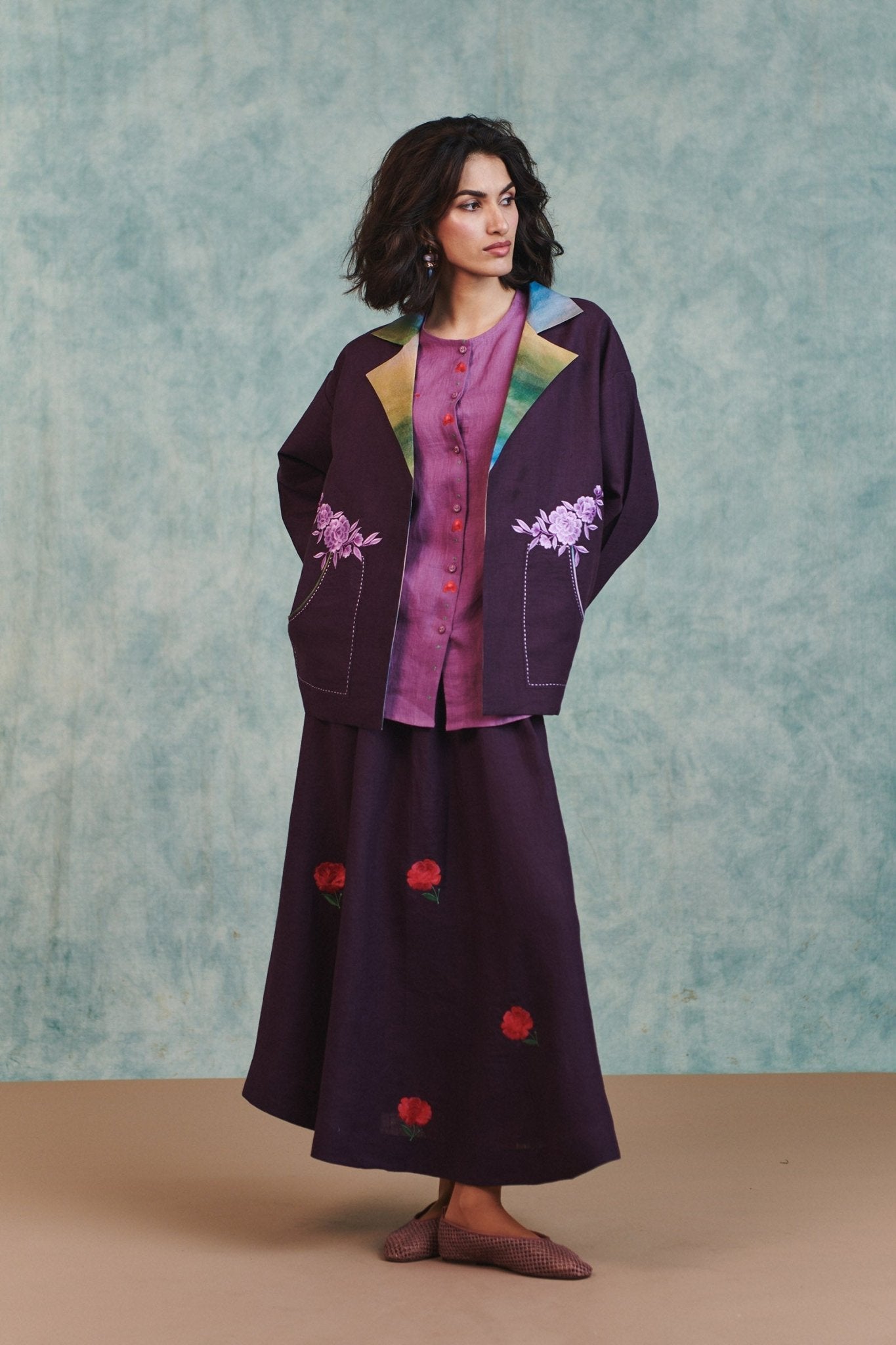 Plum Linen Unisex Embroidered Open Jacket - CiceroniJacketsSaphed