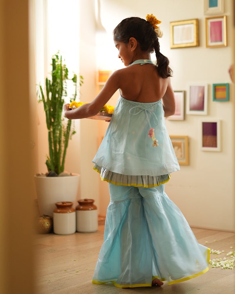 Poppy sharara kurta set in light blue and yellow - CiceroniKurta Set, Festive WearLove The World Today