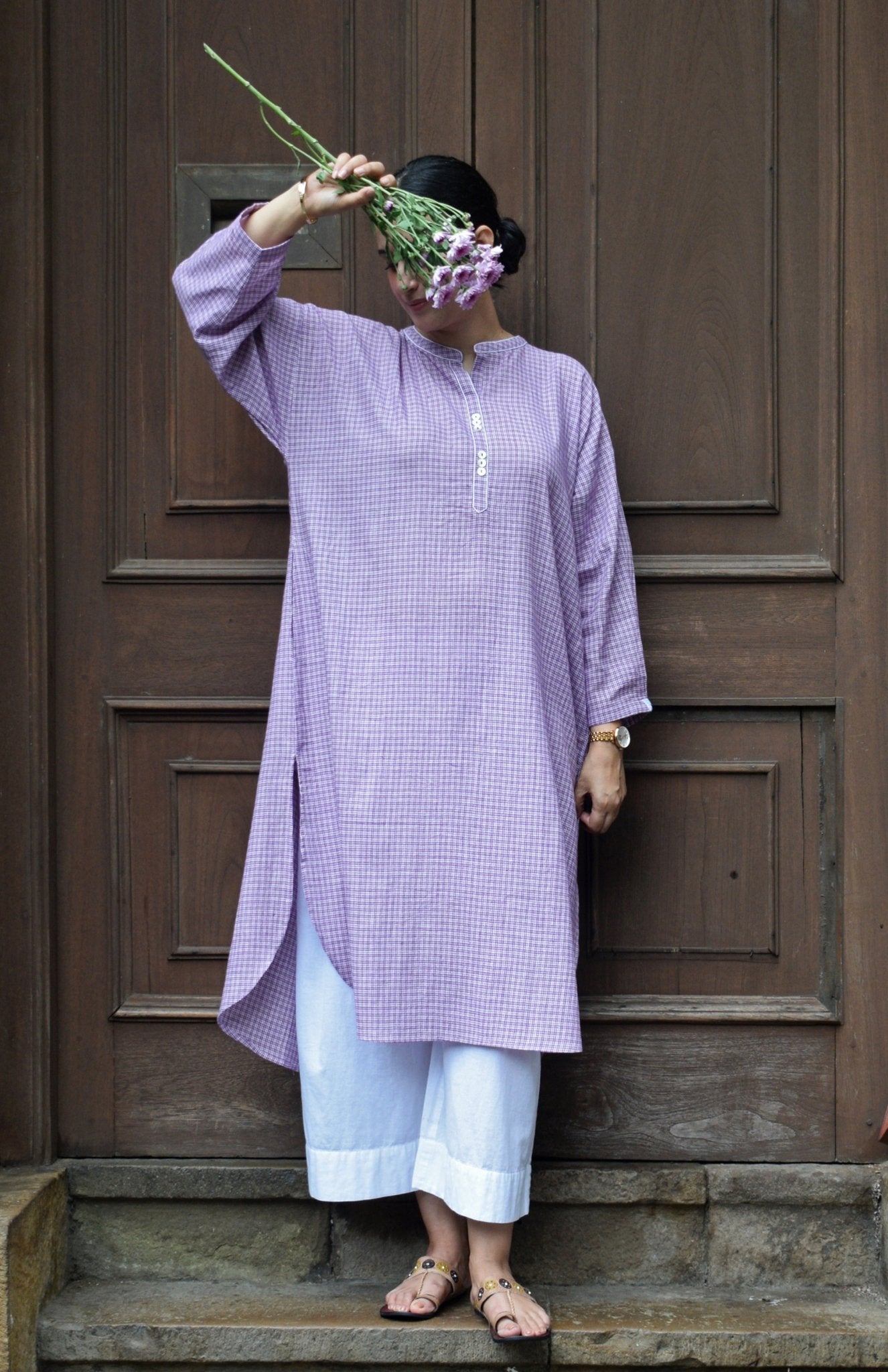 Purple Checks Antifit kurta in Handwoven Cotton and White pyjama - CiceroniKurta Set, Everyday WearHouse of Moxa