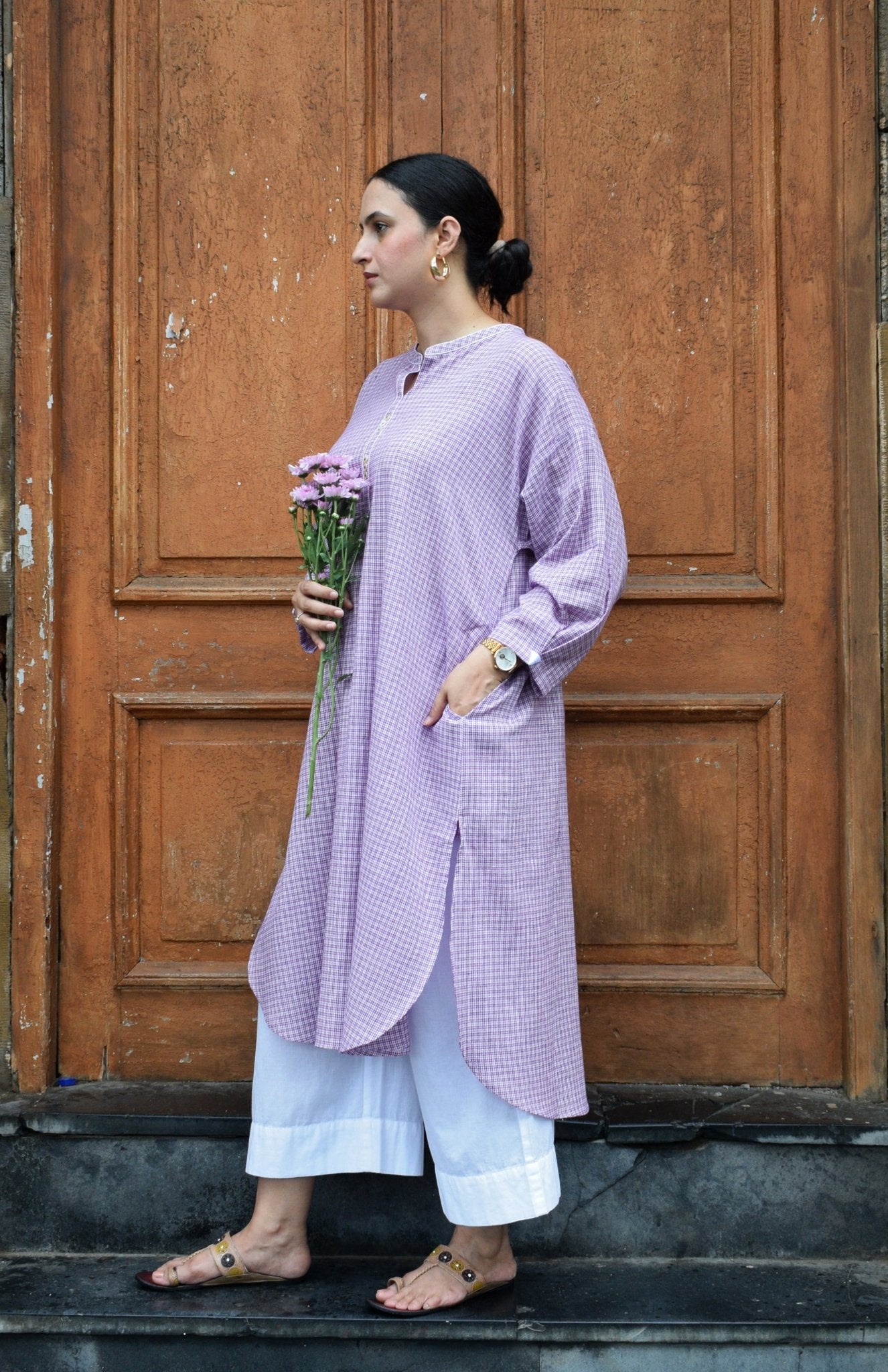 Purple Checks Antifit kurta in Handwoven Cotton and White pyjama - CiceroniKurta Set, Everyday WearHouse of Moxa