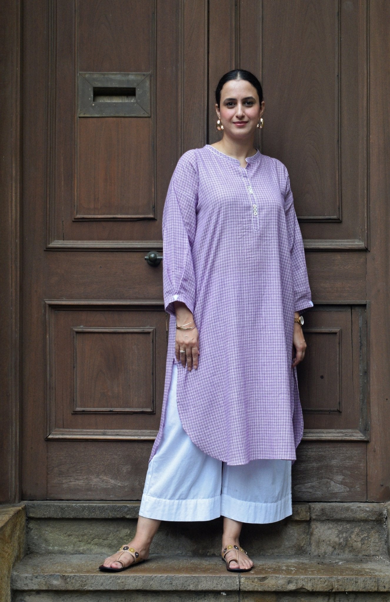 Purple Checks Antifit kurta in Handwoven Cotton and White pyjama - CiceroniKurta Set, Everyday WearHouse of Moxa