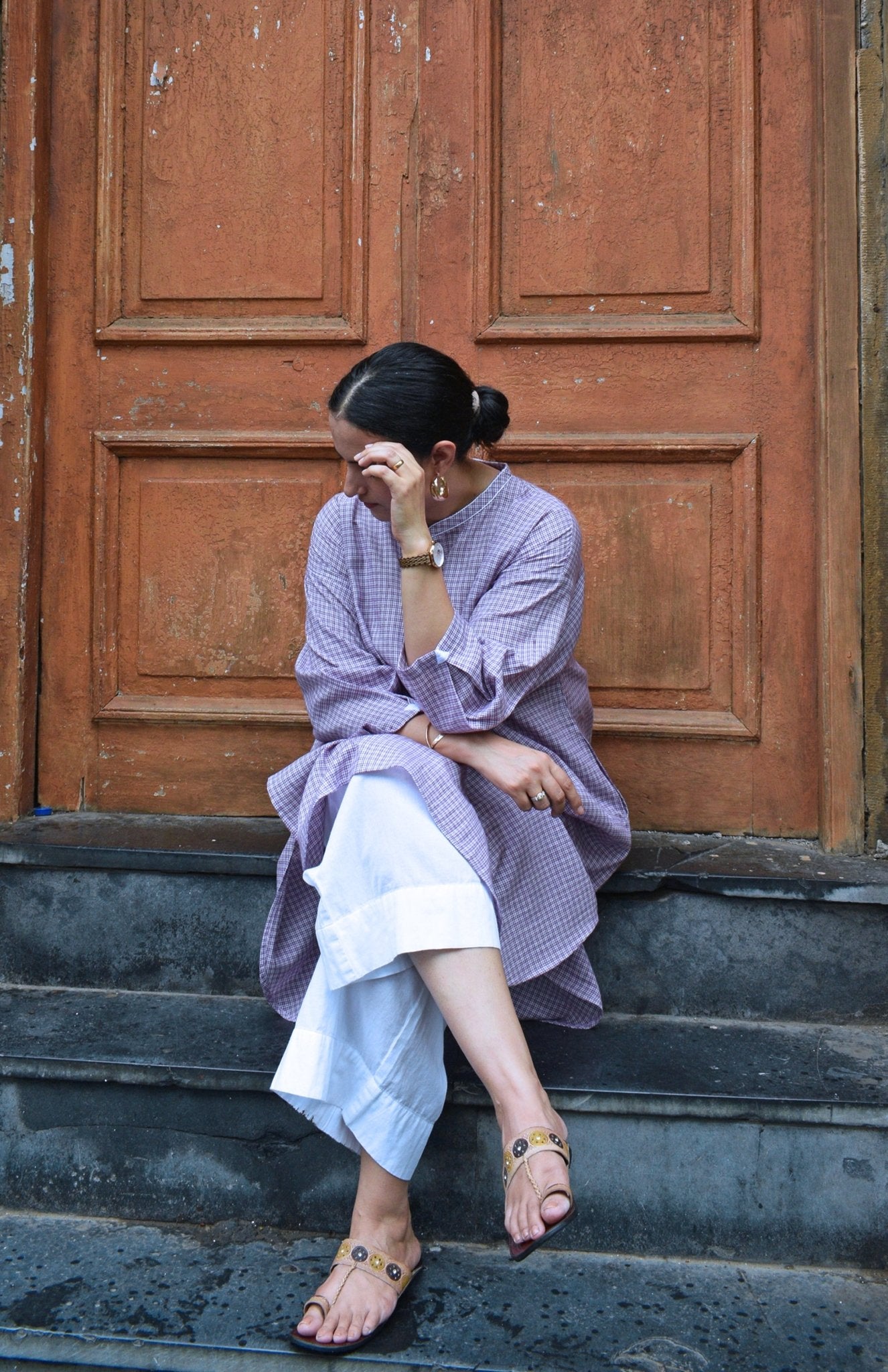 Purple Checks Antifit kurta in Handwoven Cotton and White pyjama - CiceroniKurta Set, Everyday WearHouse of Moxa