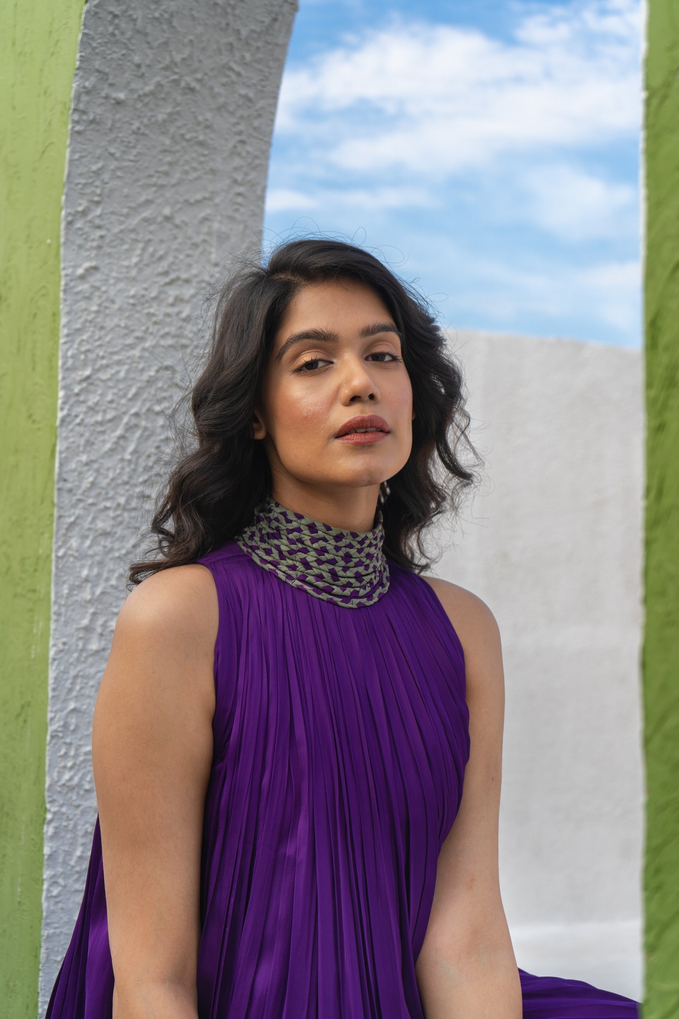 Purple - Green Braided Halter Neck Gather Gown - CiceroniDressesNeora