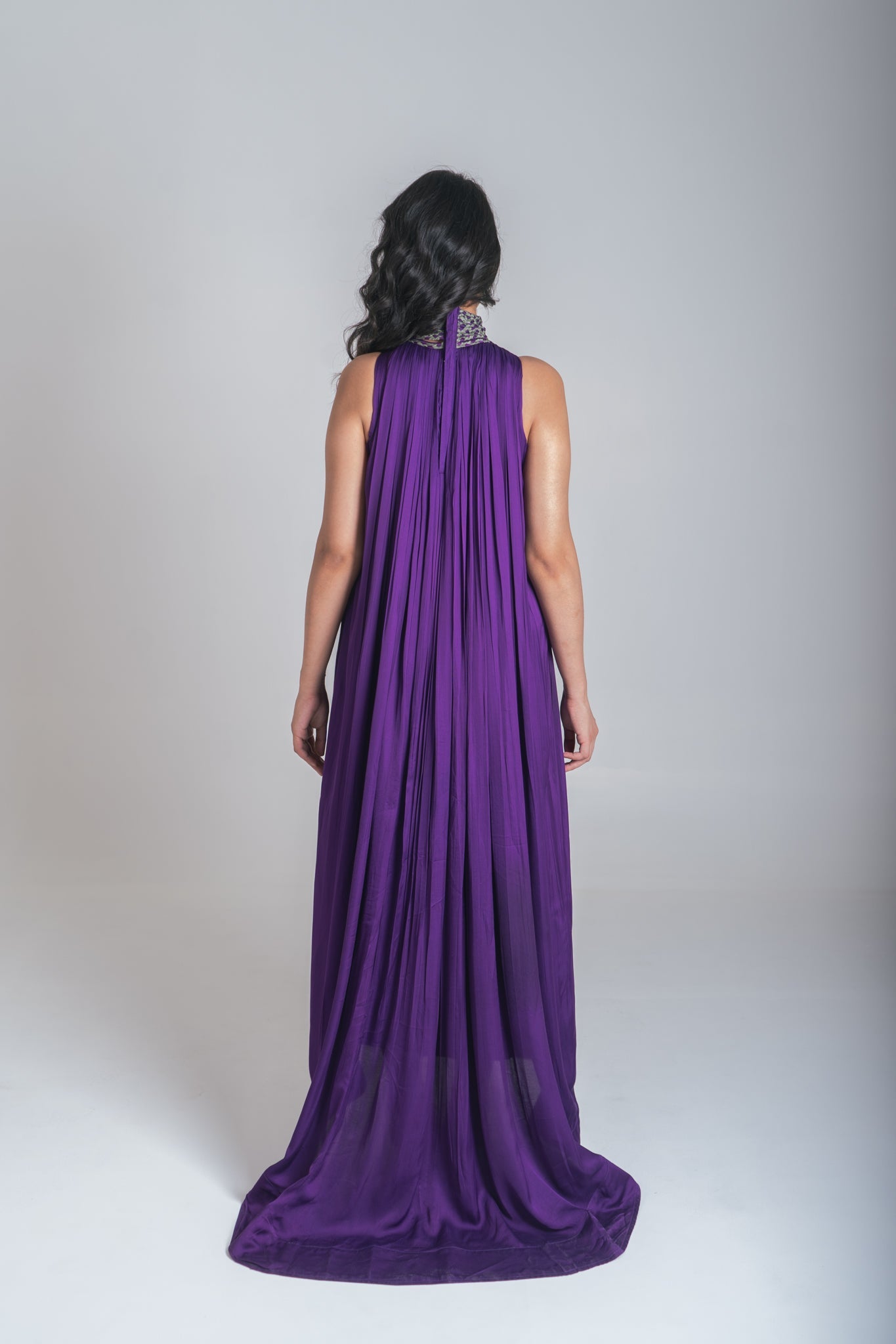 Purple - Green Braided Halter Neck Gather Gown - CiceroniDressesNeora