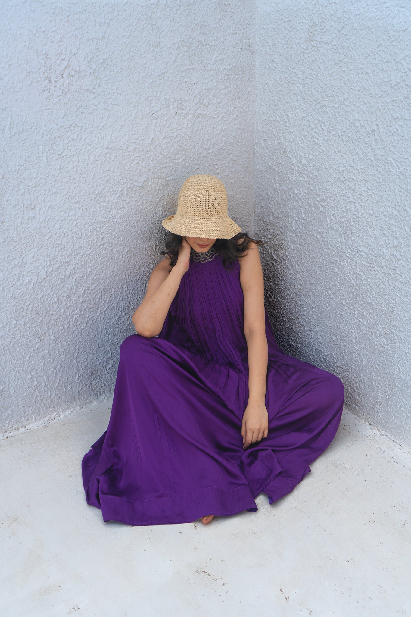 Purple - Green Braided Halter Neck Gather Gown - CiceroniDressesNeora