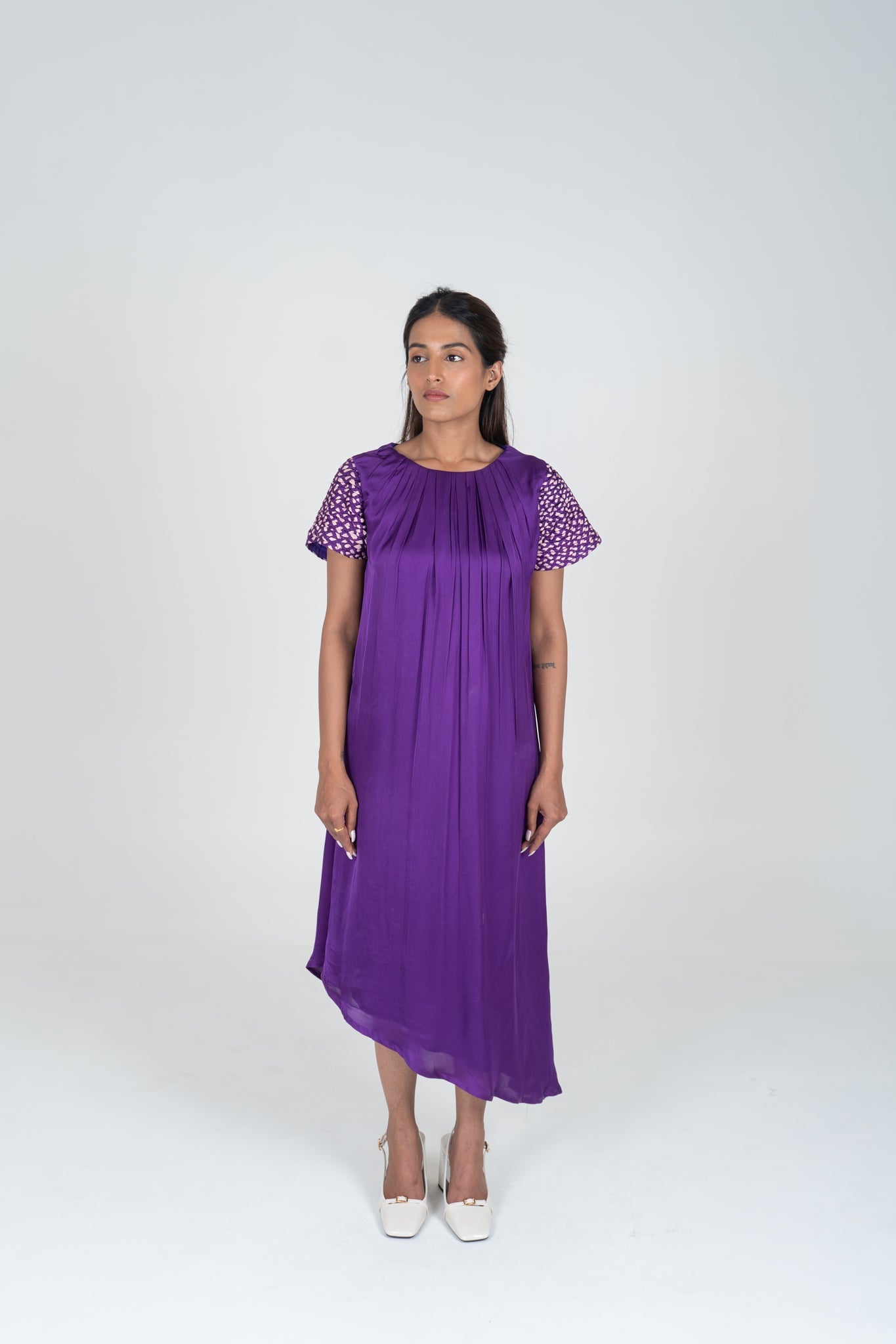 Purple - Pink Braided Sleeve Midi Dress - CiceroniDressesNeora