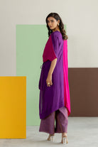 Purple, Pink Color Block Kaftan Set - CiceroniKurta Set, Festive WearTussah