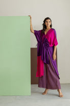 Purple, Pink Color Block Kaftan Set - CiceroniKurta Set, Festive WearTussah