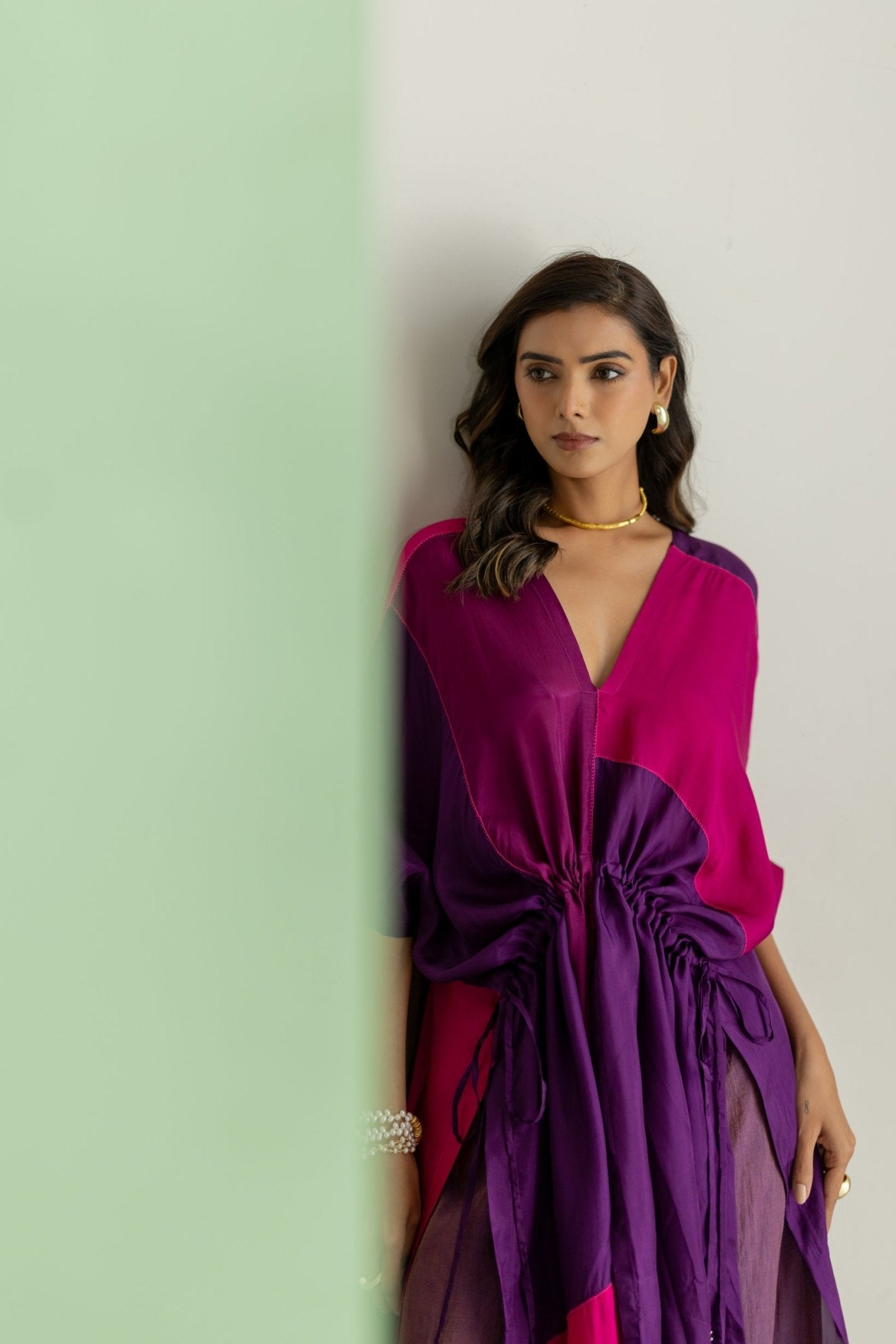 Purple, Pink Color Block Kaftan Set - CiceroniKurta Set, Festive WearTussah
