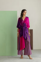 Purple, Pink Color Block Kaftan Set - CiceroniKurta Set, Festive WearTussah