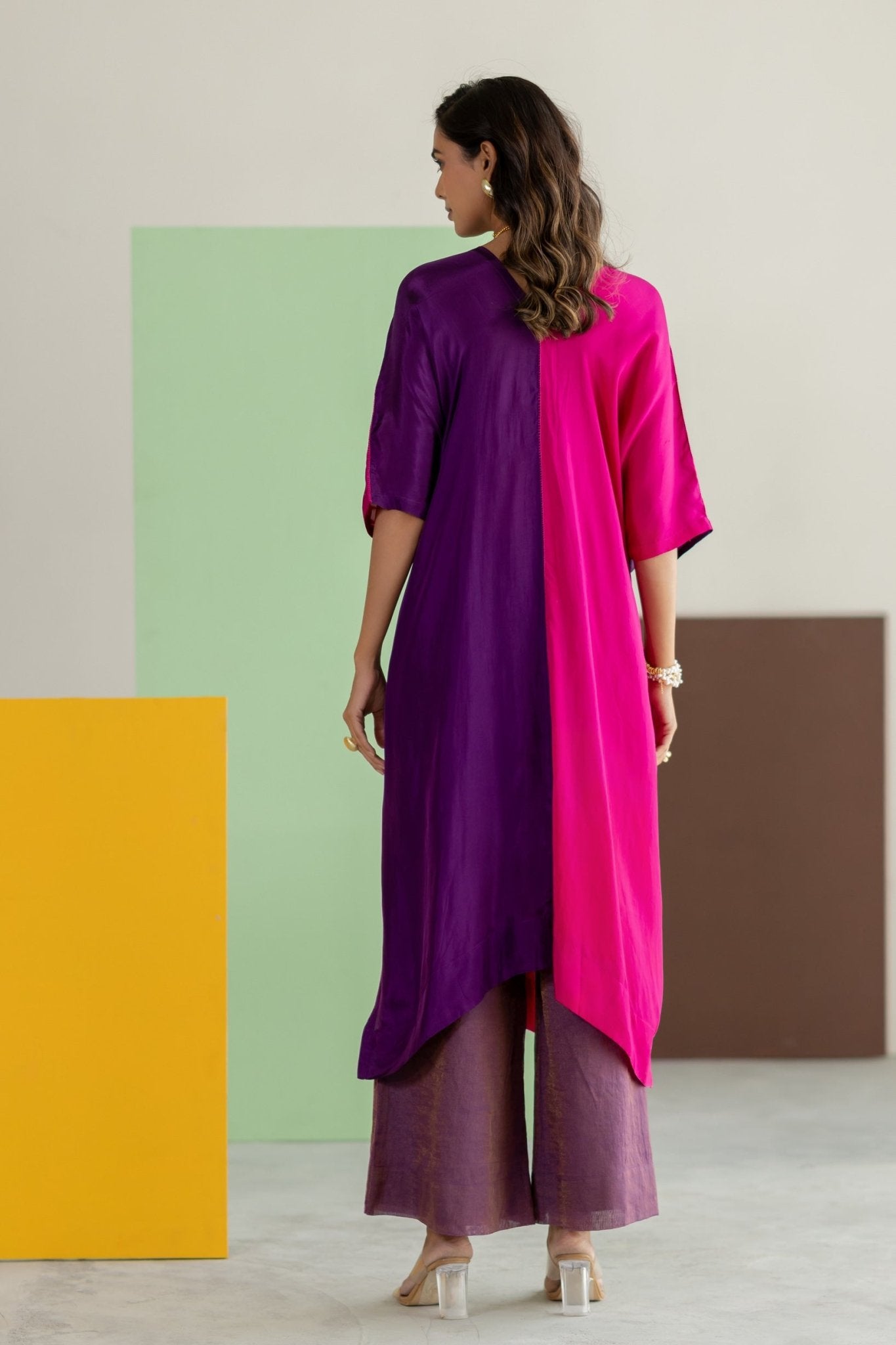 Purple, Pink Color Block Kaftan Set - CiceroniKurta Set, Festive WearTussah