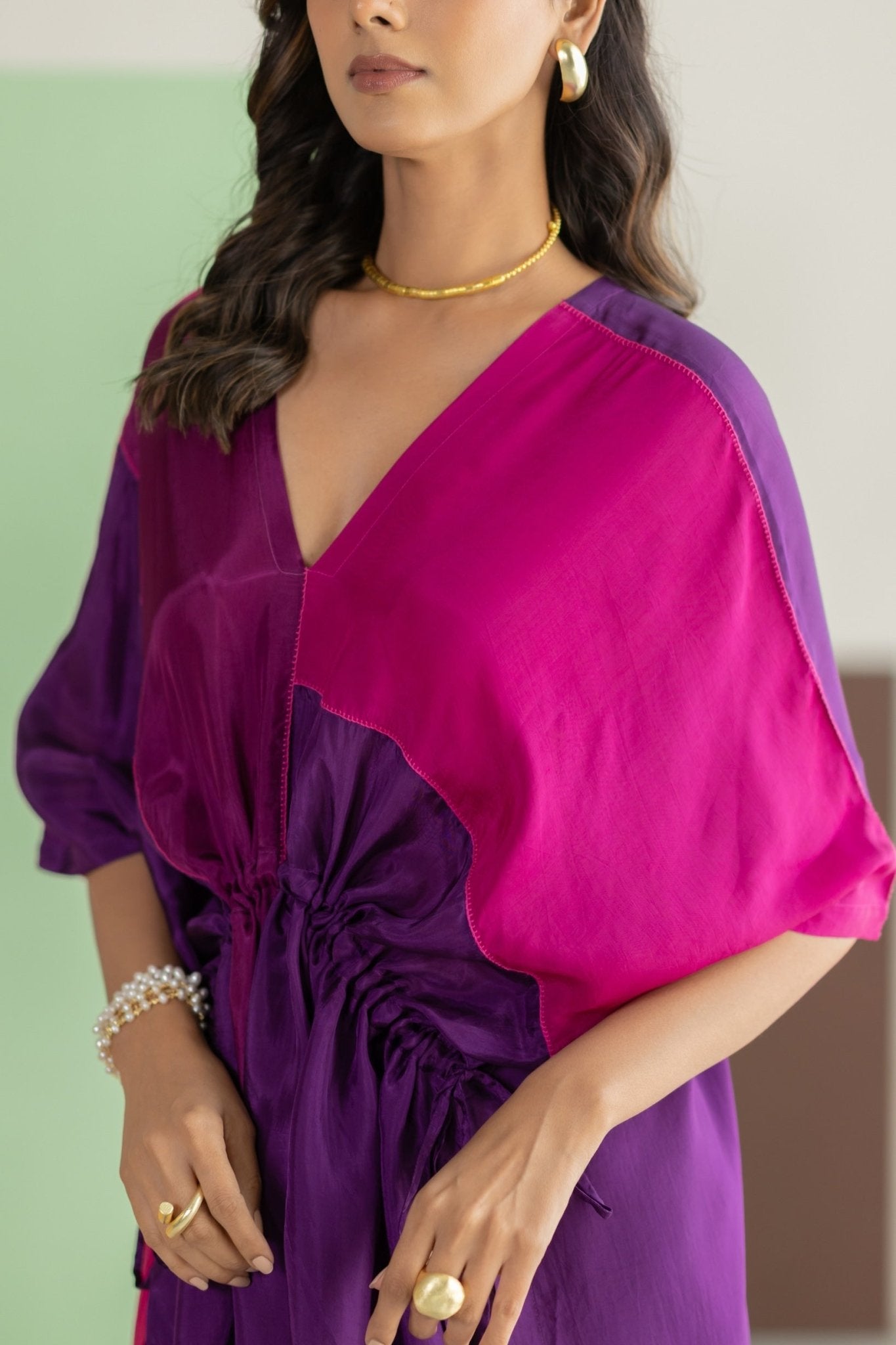 Purple, Pink Color Block Kaftan Set - CiceroniKurta Set, Festive WearTussah