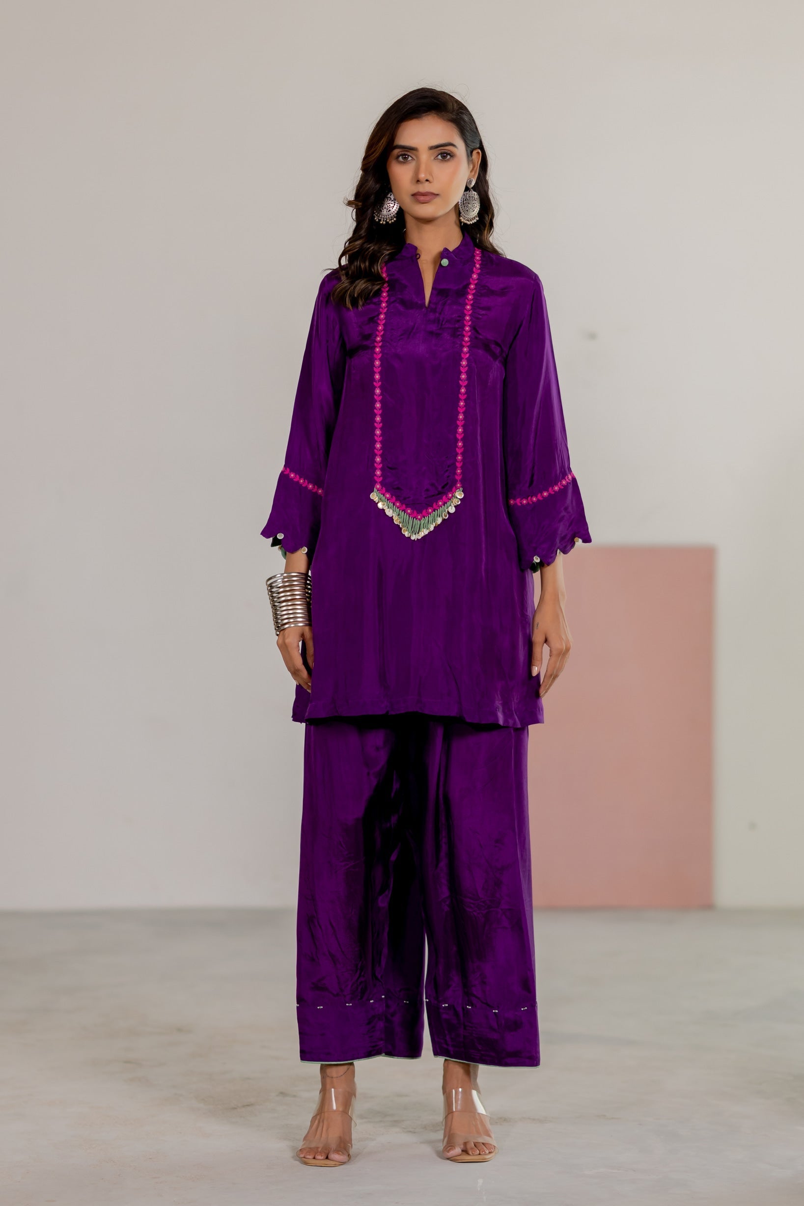 Purple Top & Salwar Set - CiceroniKurta Set, Festive WearTussah