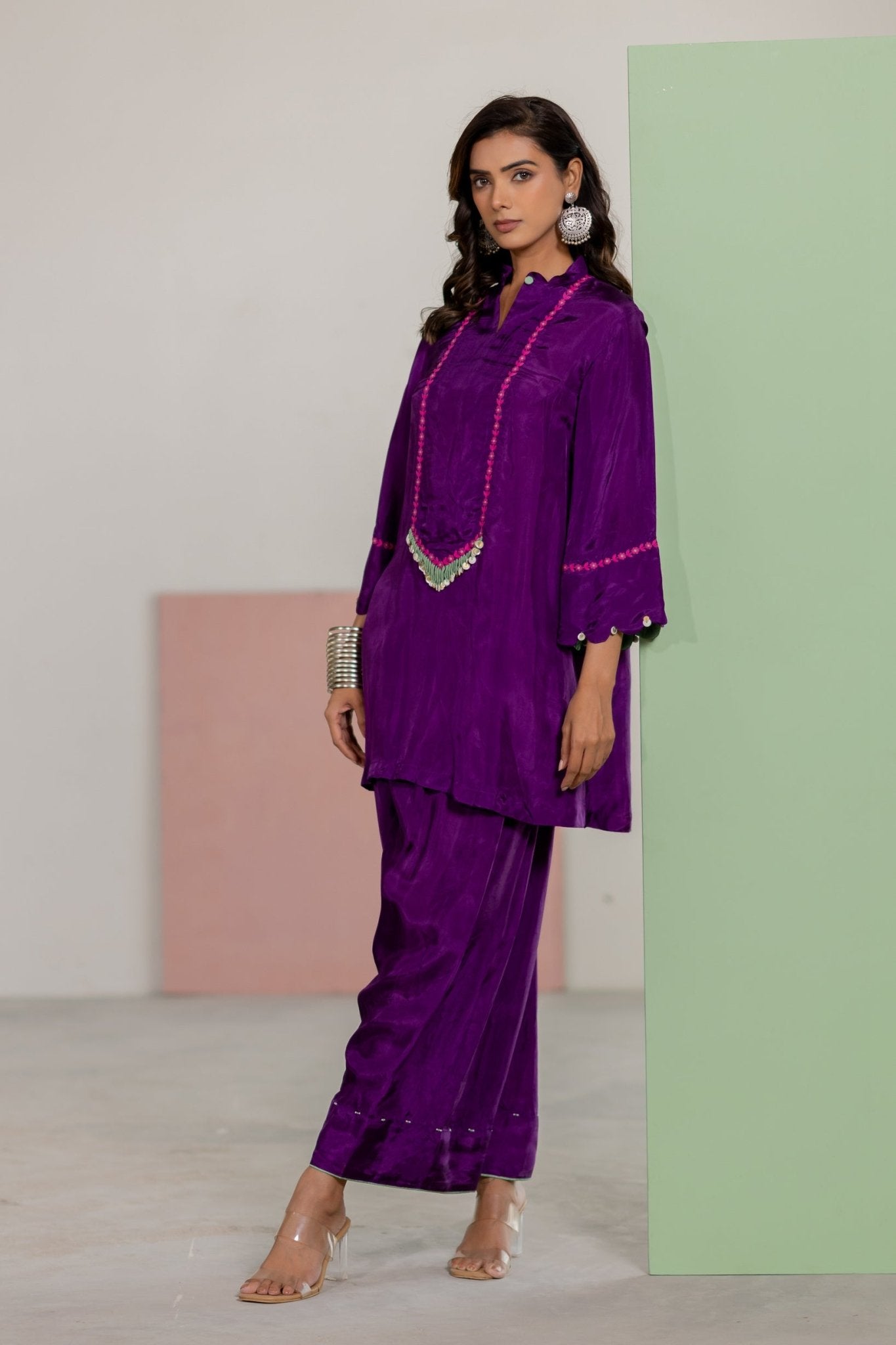 Purple Top & Salwar Set - CiceroniKurta Set, Festive WearTussah