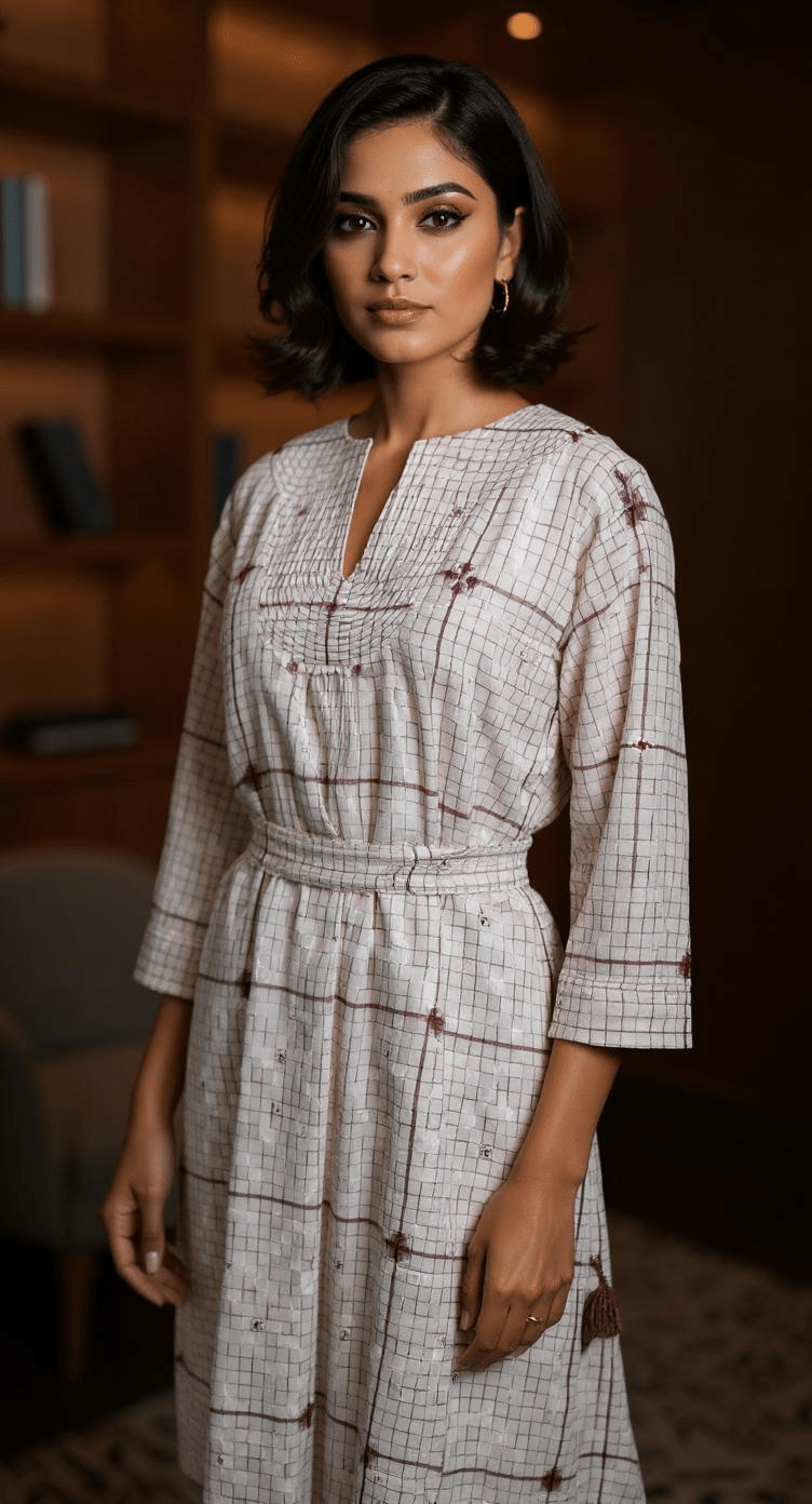 Quilted Dress - White with Purple Checks - CiceroniDressesBhomra