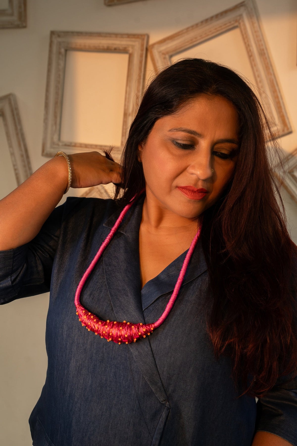 Rani Pink Cord Necklace with Coral Wrapped Bib - CiceroniNeckpieceBoundless by Shilpi