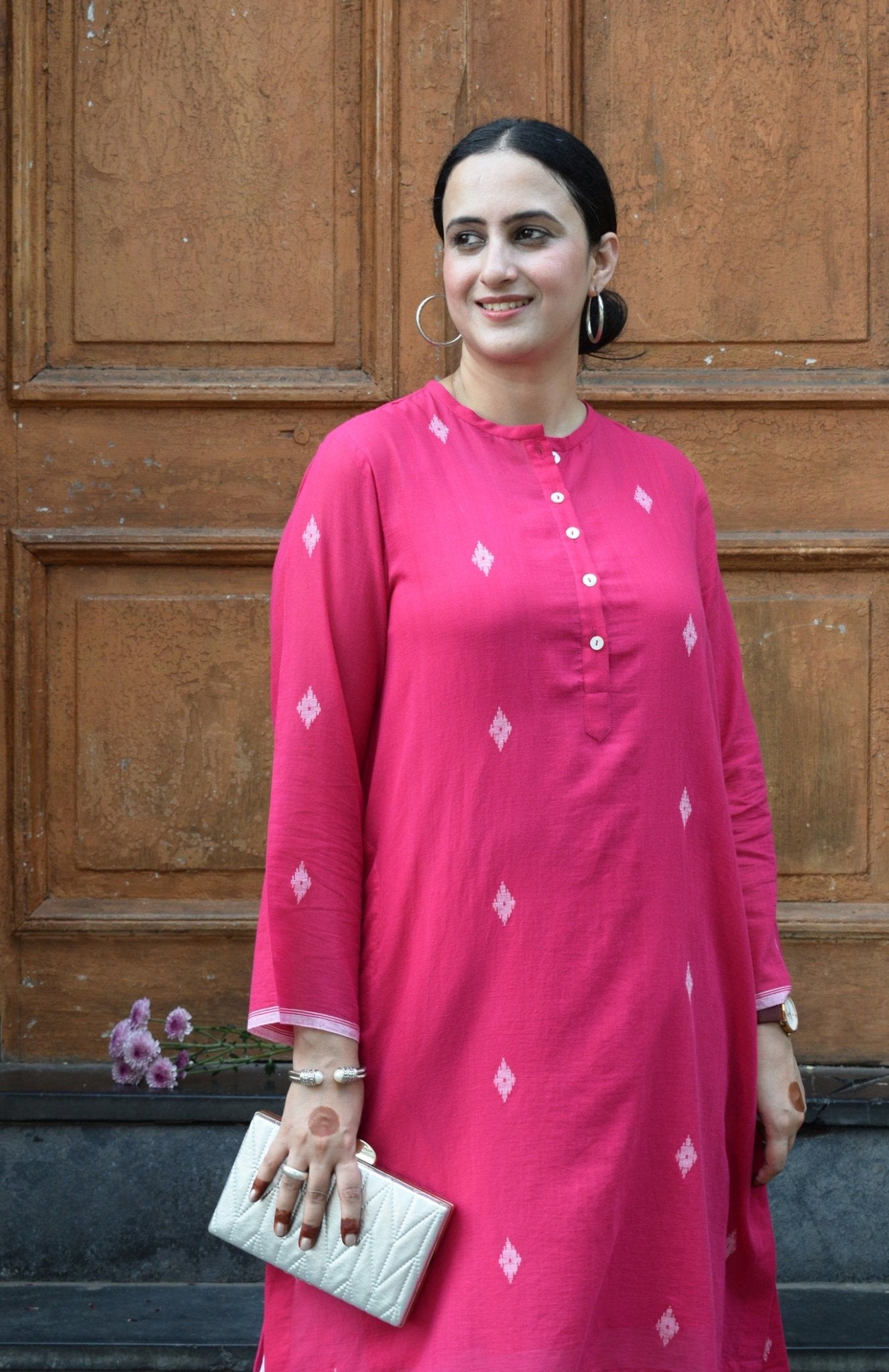 Rani Pink Jamdani Kurta with Placket - CiceroniKurta, Everyday WearHouse of Moxa