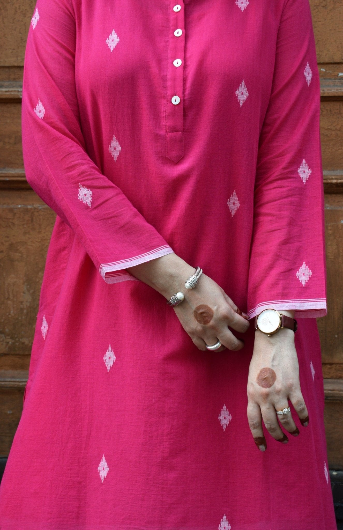 Rani Pink Jamdani Kurta with Placket - CiceroniKurta, Everyday WearHouse of Moxa