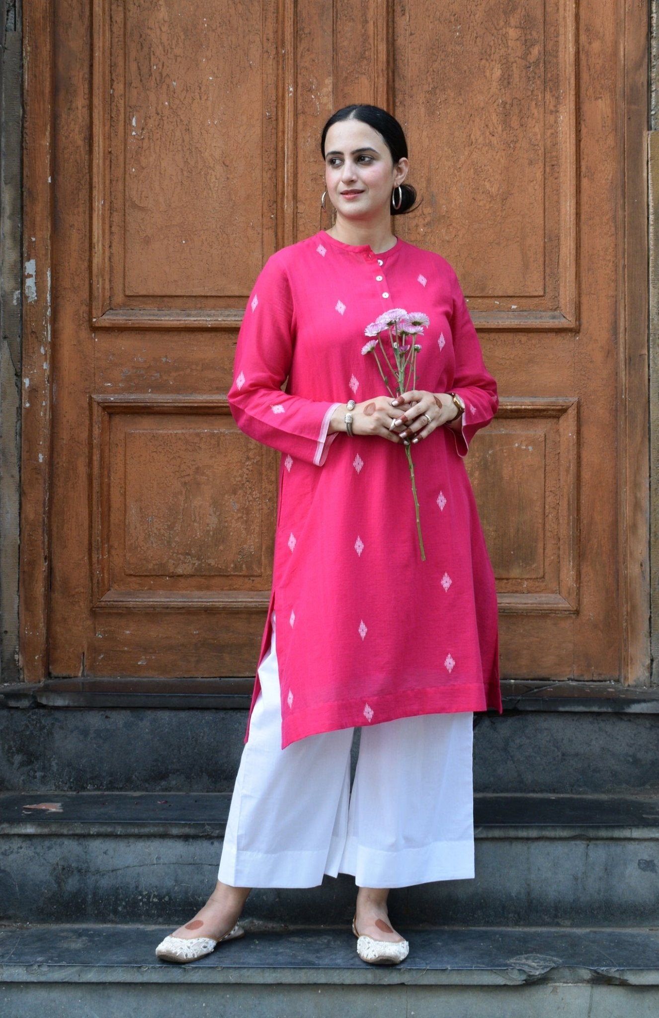 Rani Pink Jamdani Kurta with Placket - CiceroniKurta, Everyday WearHouse of Moxa