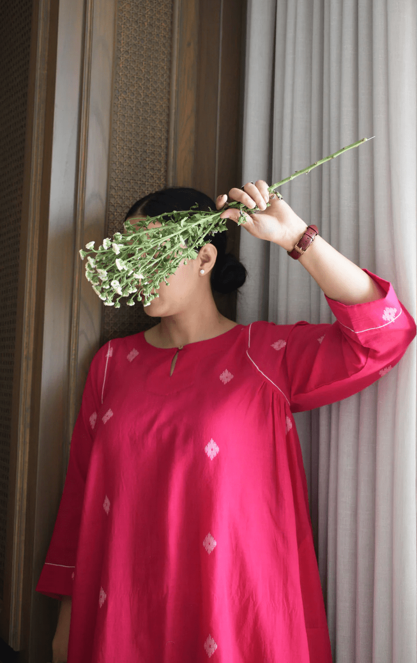Rani Pink Jamdani Kurta with Side Gathers - CiceroniKurta, Everyday WearHouse of Moxa
