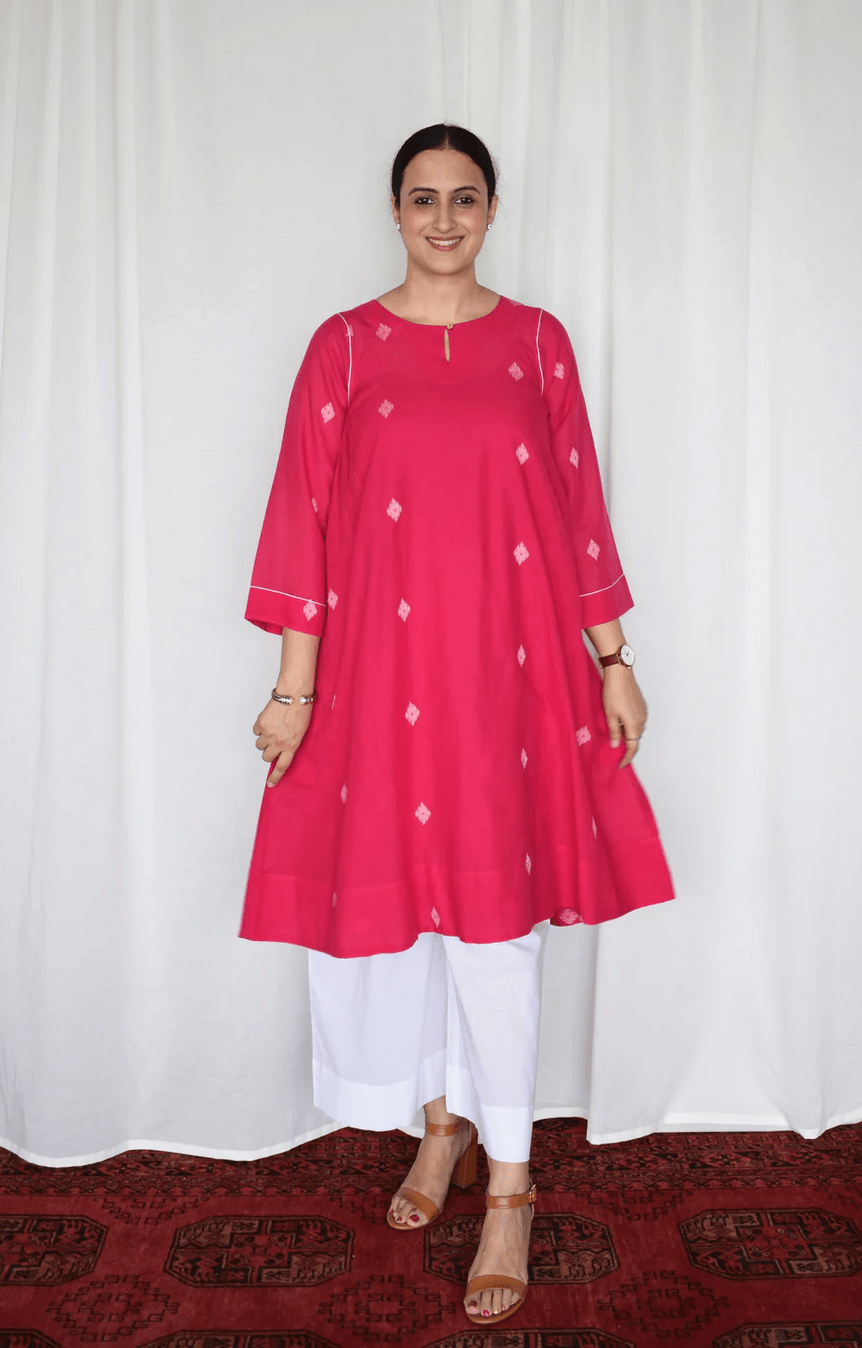 Rani Pink Jamdani Kurta with Side Gathers - CiceroniKurta, Everyday WearHouse of Moxa