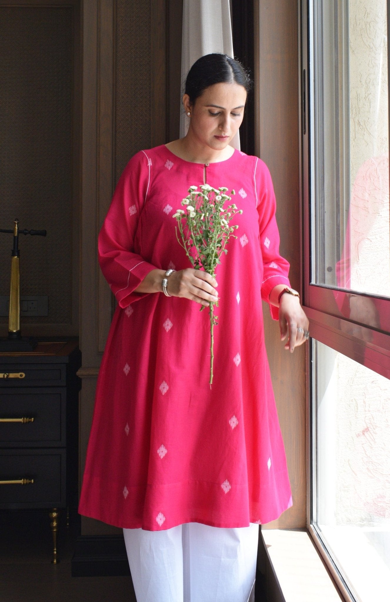 Rani Pink Jamdani Kurta with Side Gathers - CiceroniKurta, Everyday WearHouse of Moxa