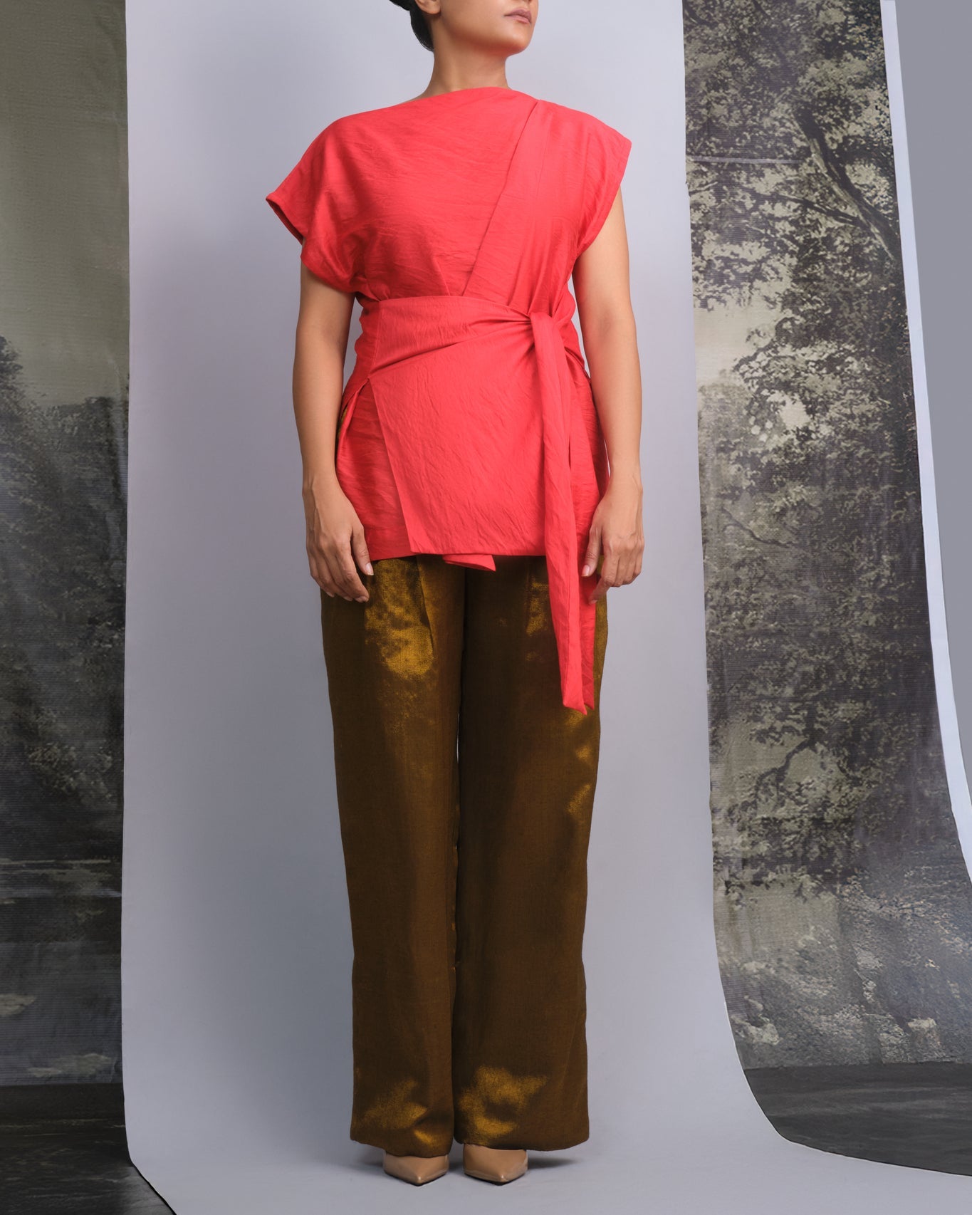 Red Chanderi Belted Top & Gold Handwoven Pants Set - CiceroniCo - ord SetOtouto