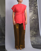 Red Chanderi Belted Top & Gold Handwoven Pants Set - CiceroniCo - ord SetOtouto