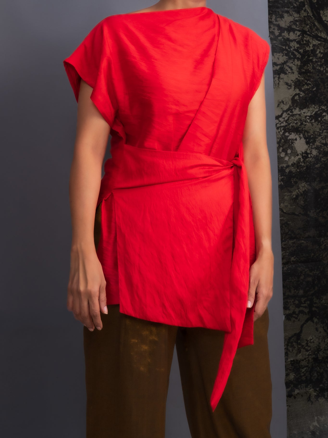 Red Chanderi Belted Top & Gold Handwoven Pants Set - CiceroniCo - ord SetOtouto