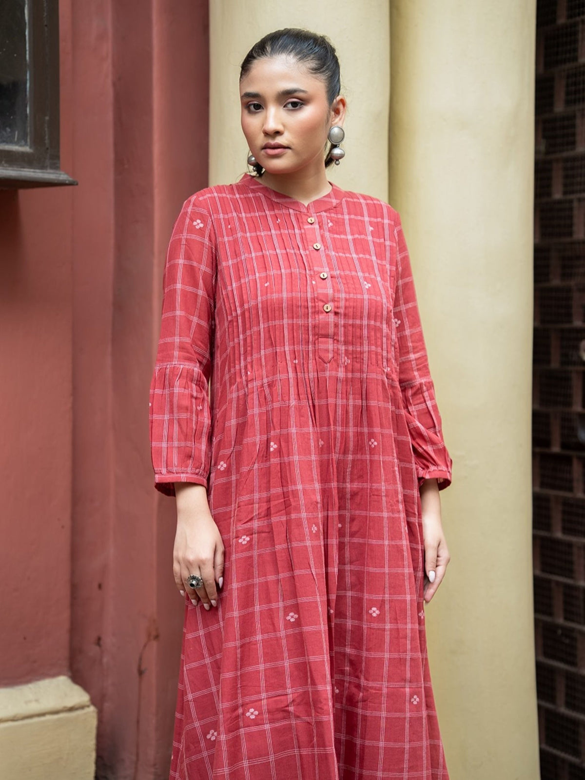 Red Check Handwoven Pure Cotton Jamdani Dress - CiceroniDressesSutra Art of Clothing