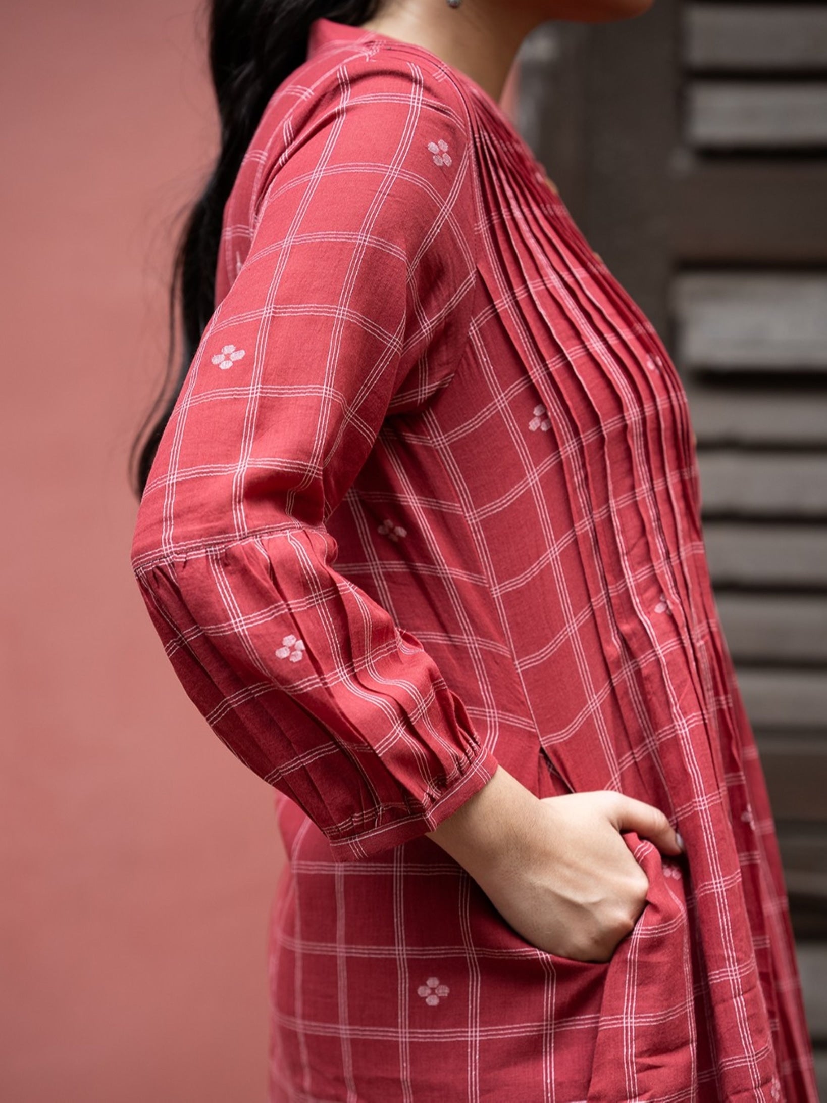 Red Check Handwoven Pure Cotton Jamdani Dress - CiceroniDressesSutra Art of Clothing