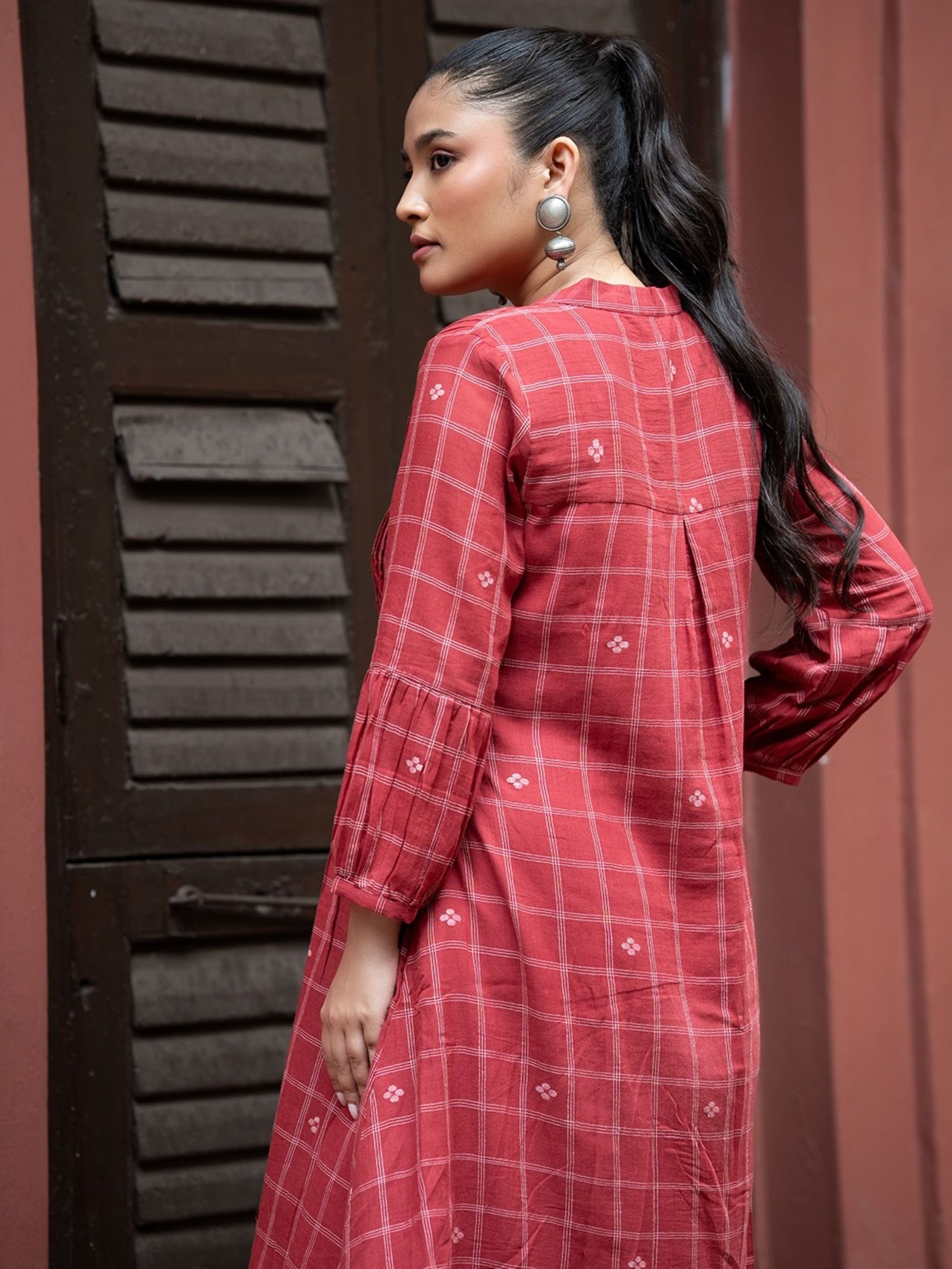 Red Check Handwoven Pure Cotton Jamdani Dress - CiceroniDressesSutra Art of Clothing