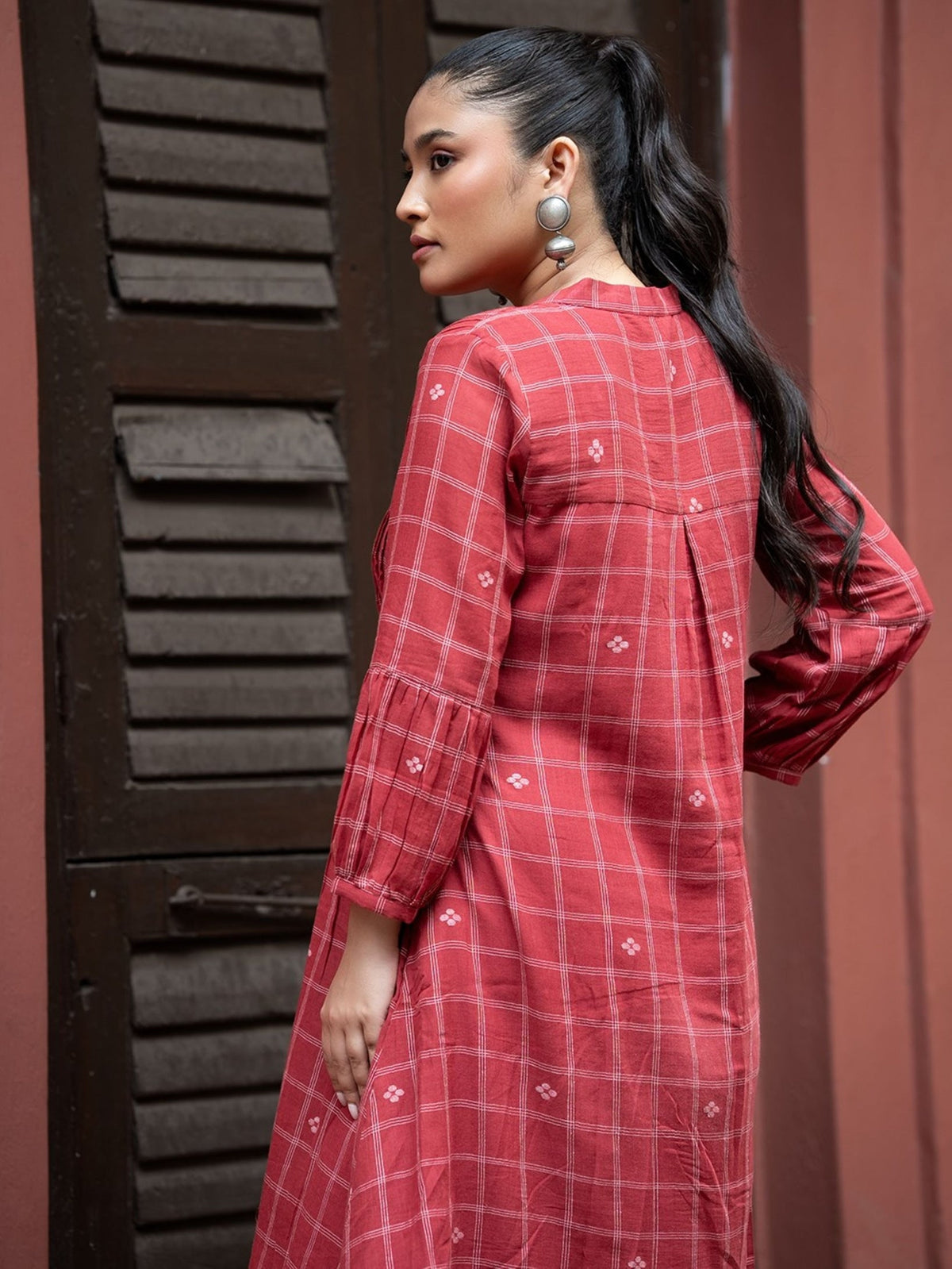 Red Check Handwoven Pure Cotton Jamdani Dress - CiceroniDressesSutra Art of Clothing