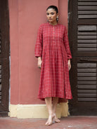 Red Check Handwoven Pure Cotton Jamdani Dress - CiceroniDressesSutra Art of Clothing