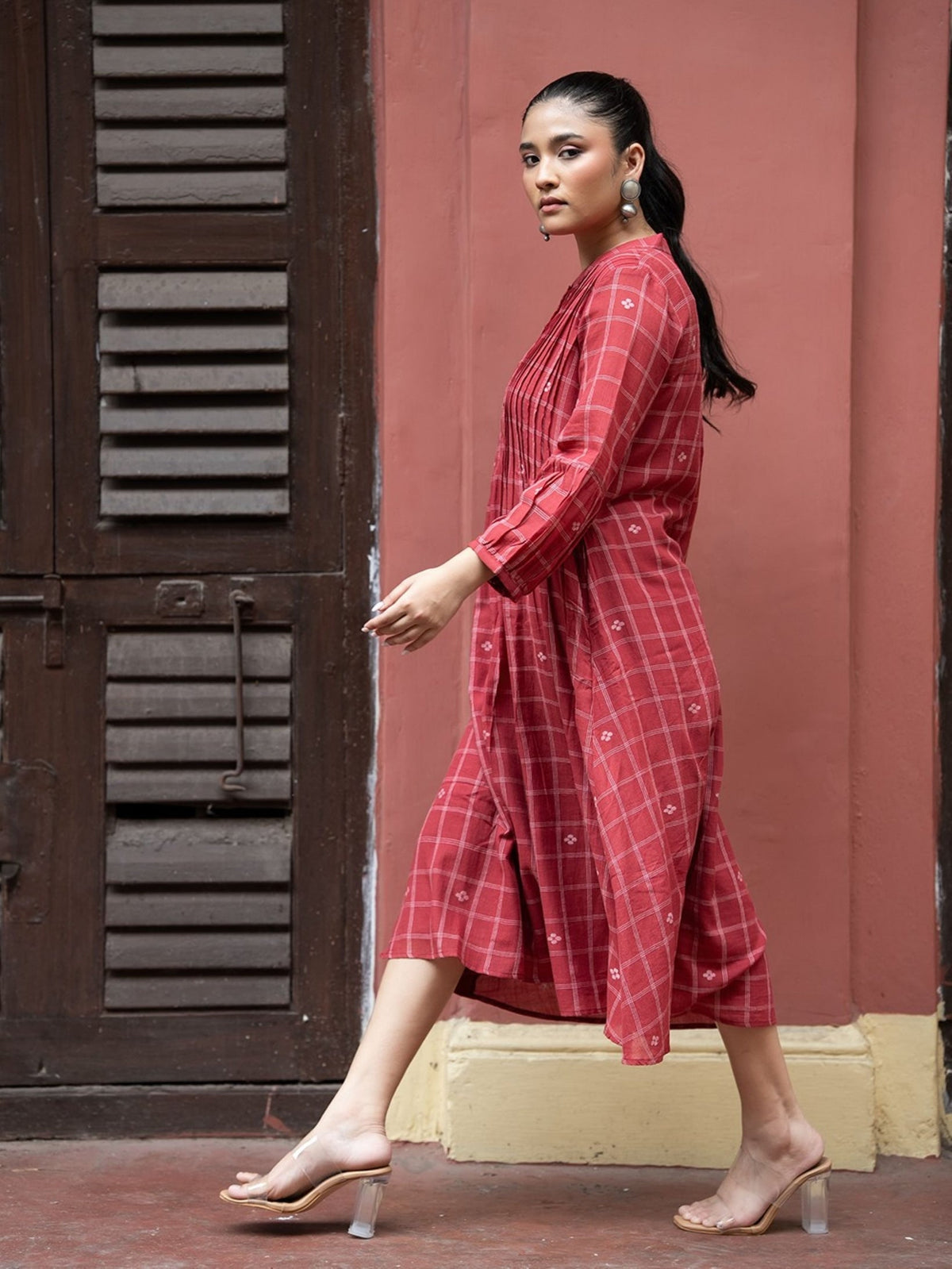 Red Check Handwoven Pure Cotton Jamdani Dress - CiceroniDressesSutra Art of Clothing
