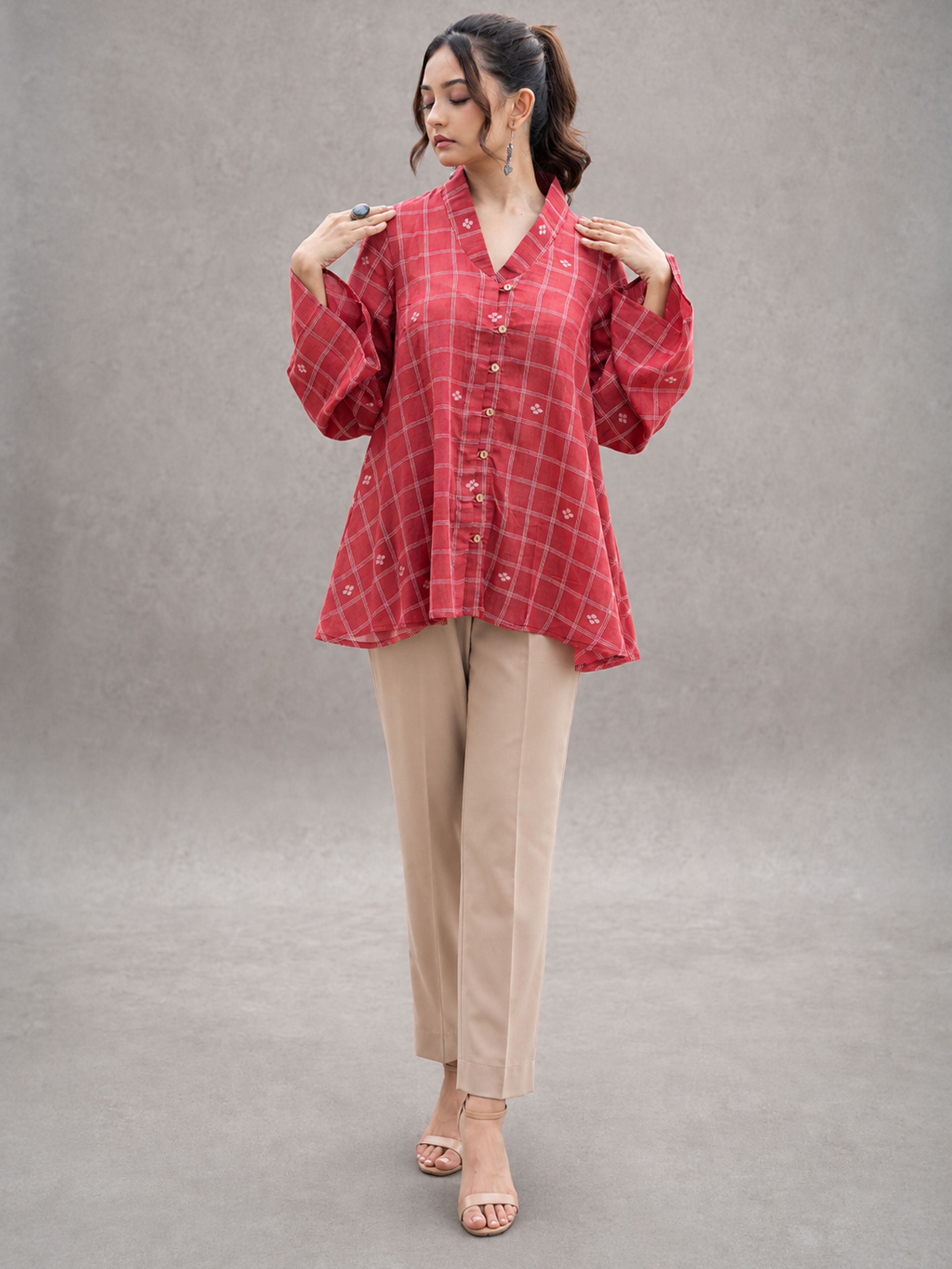Red Check Handwoven Pure Cotton Jamdani Top - CiceroniTopsSutra Art of Clothing
