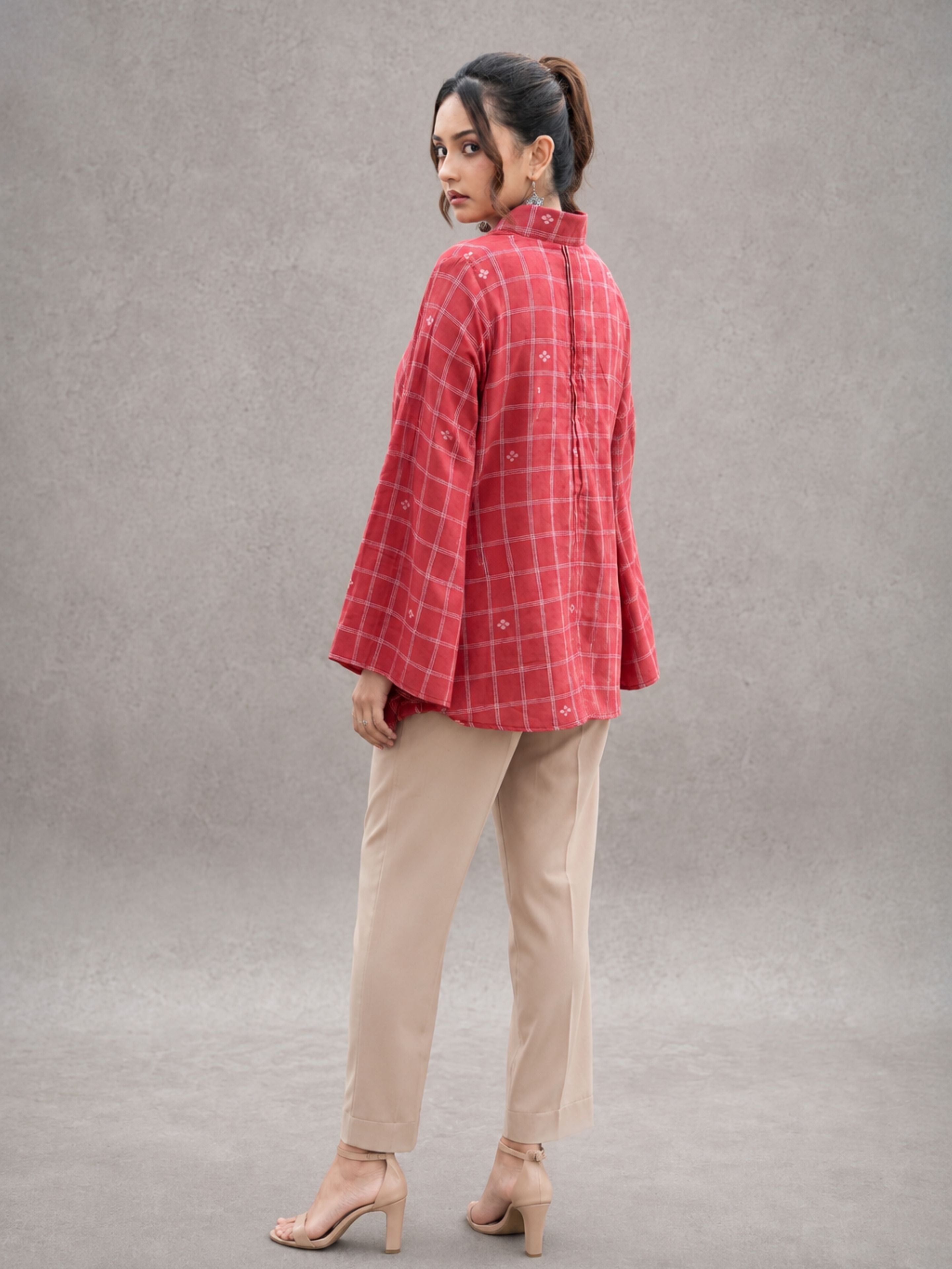 Red Check Handwoven Pure Cotton Jamdani Top - CiceroniTopsSutra Art of Clothing