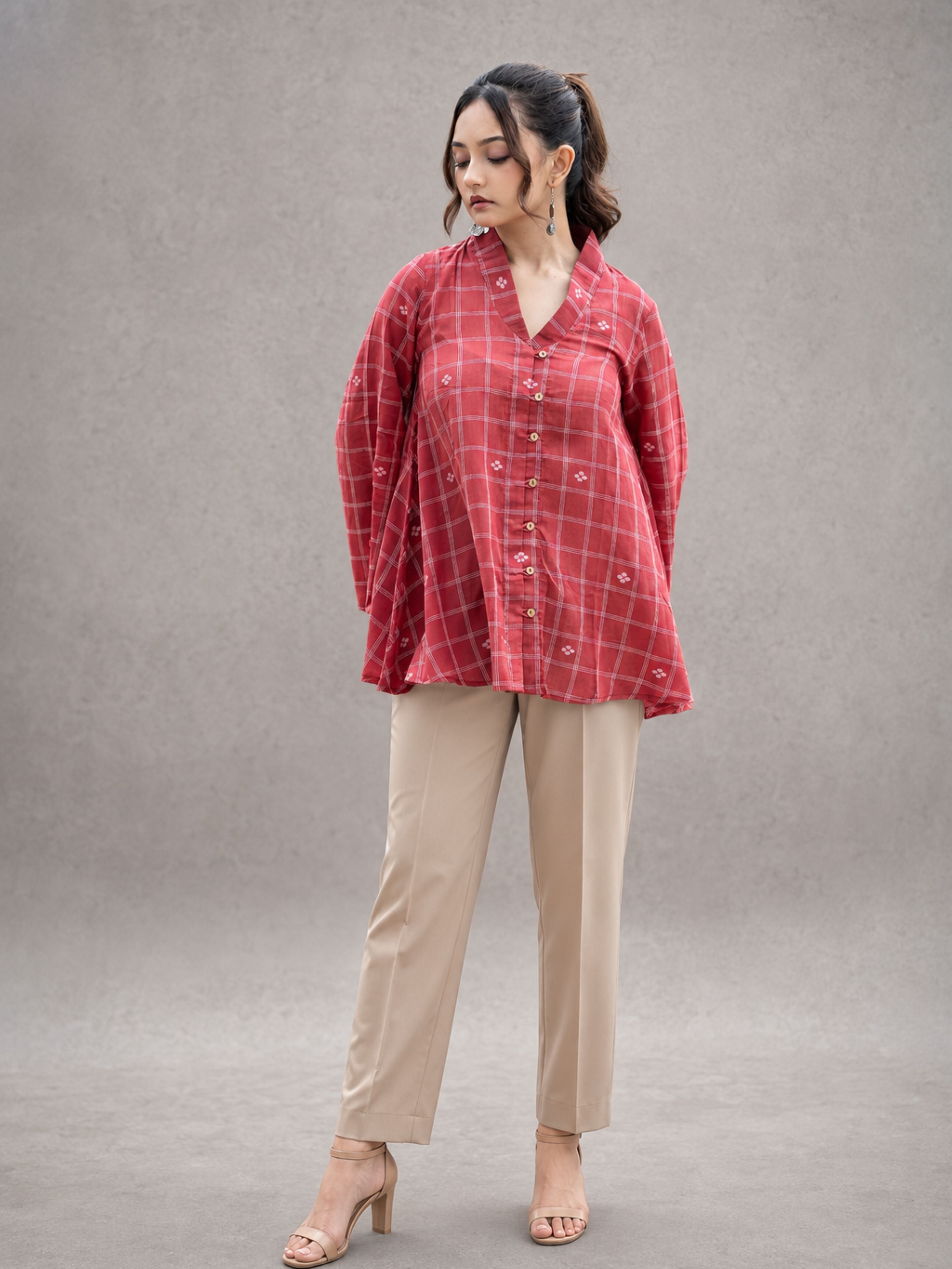 Red Check Handwoven Pure Cotton Jamdani Top - CiceroniTopsSutra Art of Clothing
