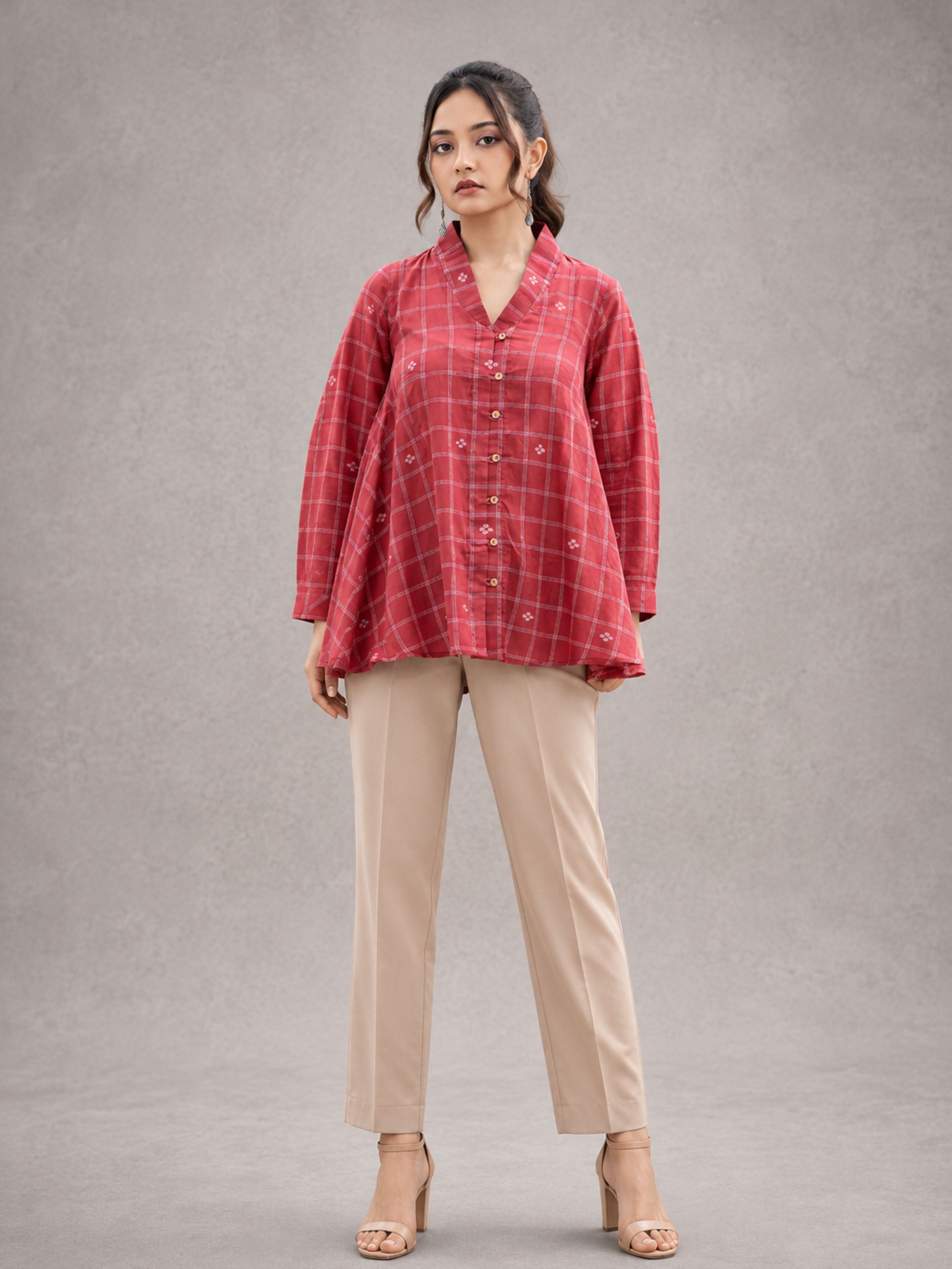 Red Check Handwoven Pure Cotton Jamdani Top - CiceroniTopsSutra Art of Clothing