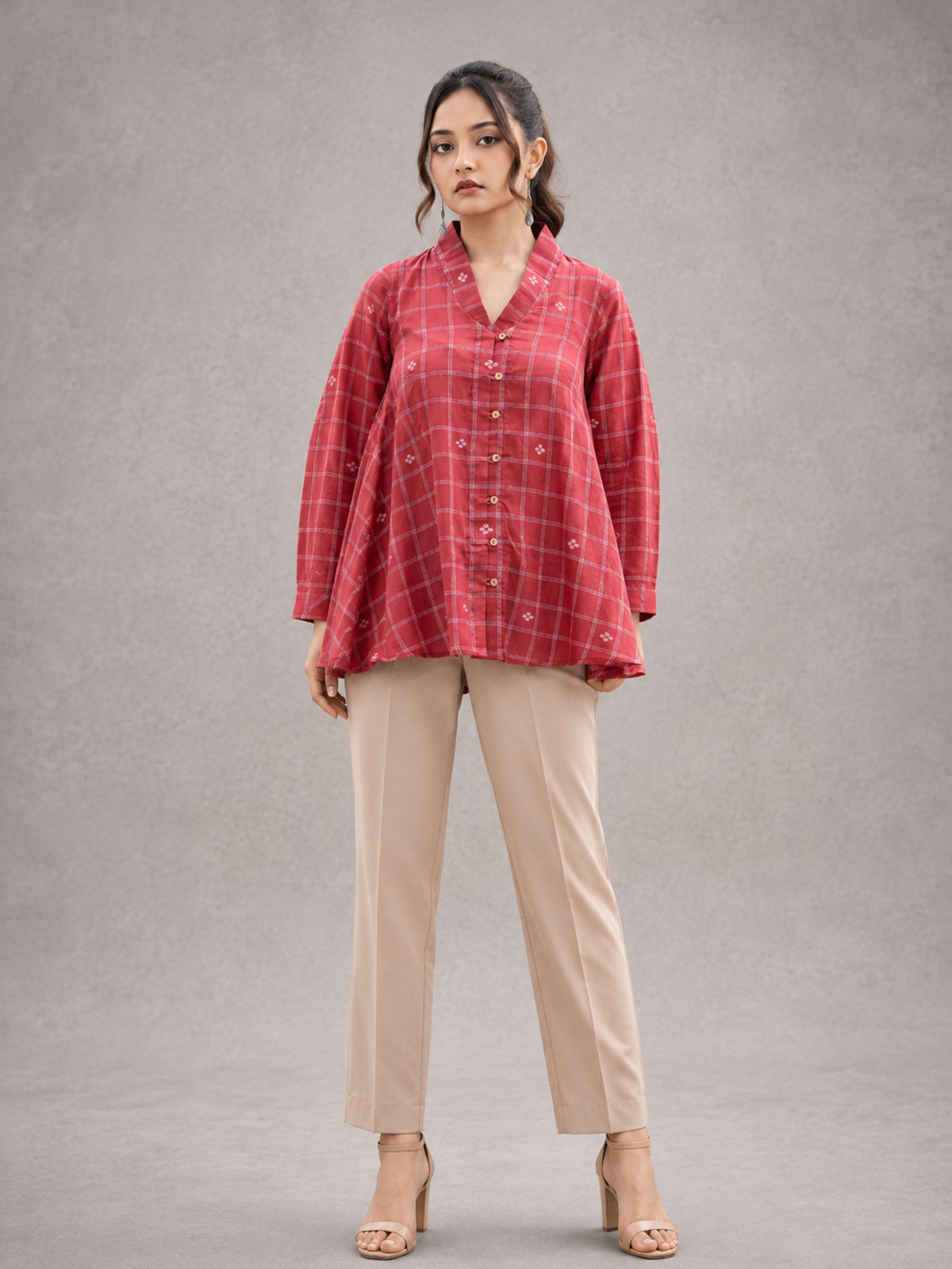 Red Check Handwoven Pure Cotton Jamdani Top - CiceroniTopsSutra Art of Clothing