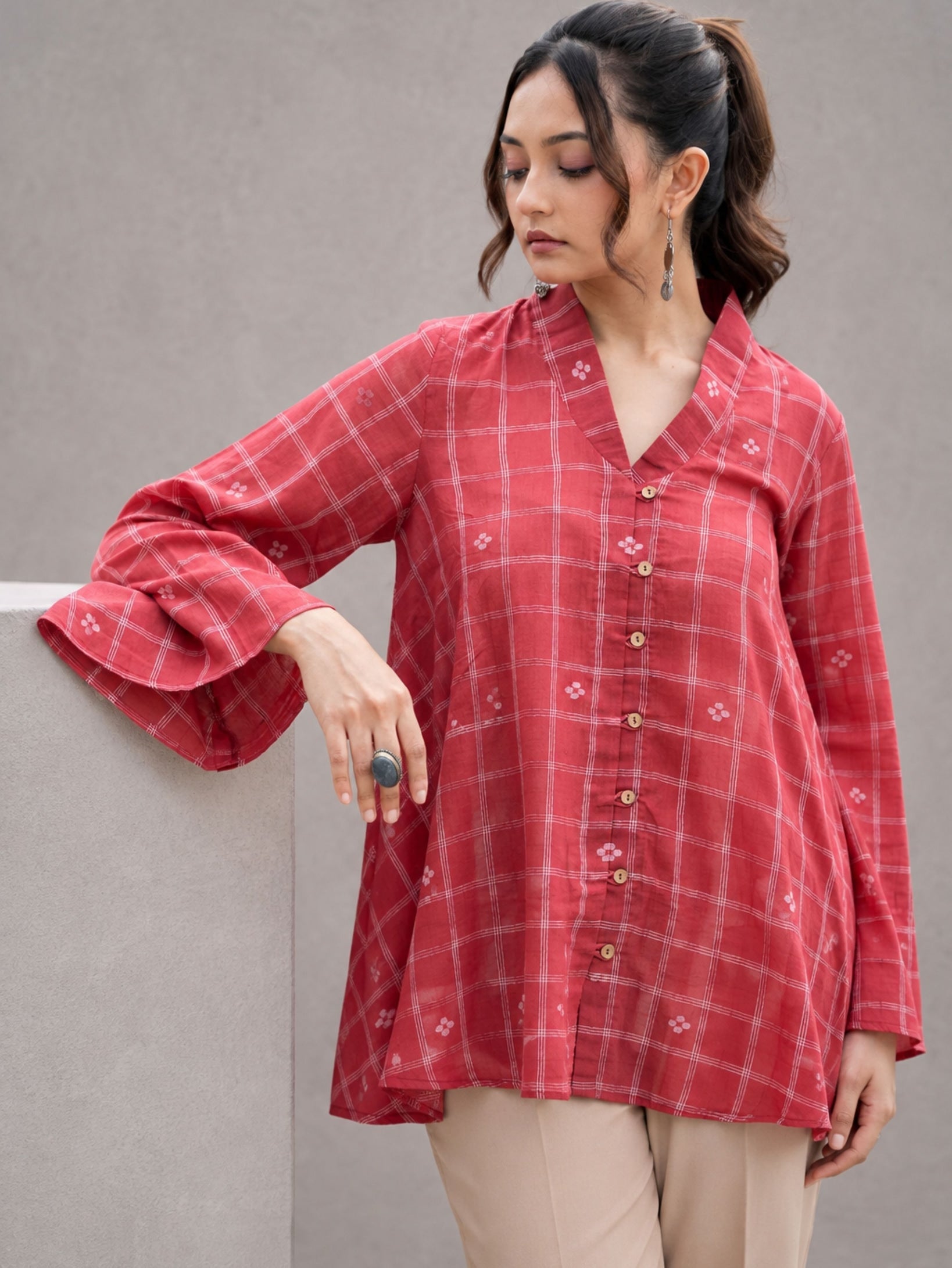 Red Check Handwoven Pure Cotton Jamdani Top - CiceroniTopsSutra Art of Clothing