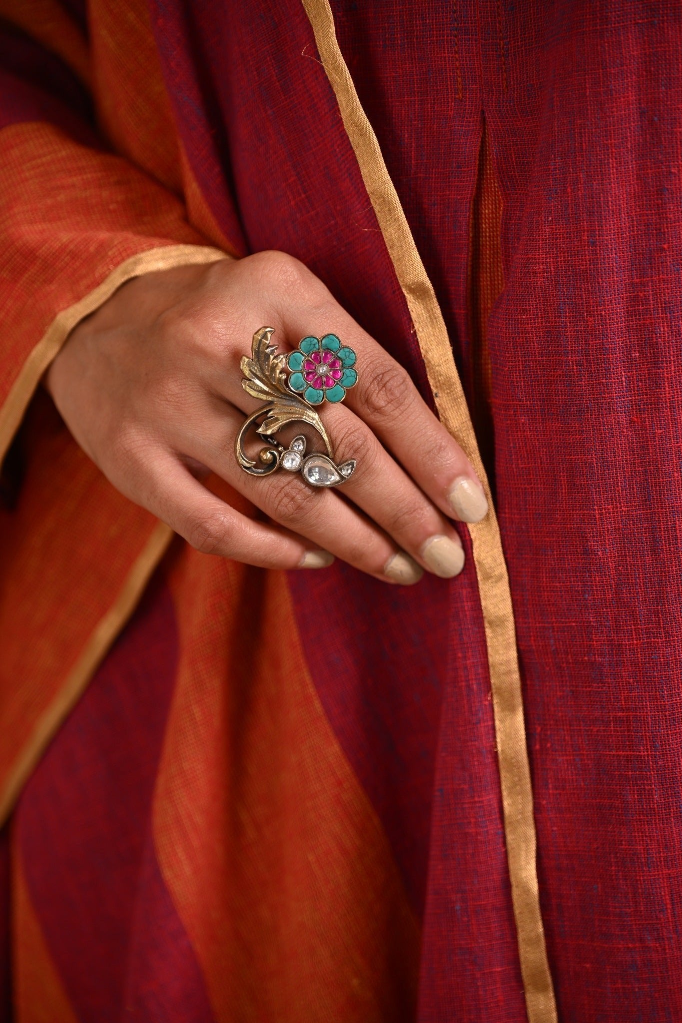 Red Dupatta in Gold Edge & Lotus Tassel - CiceroniDupattaRang by Rajvi